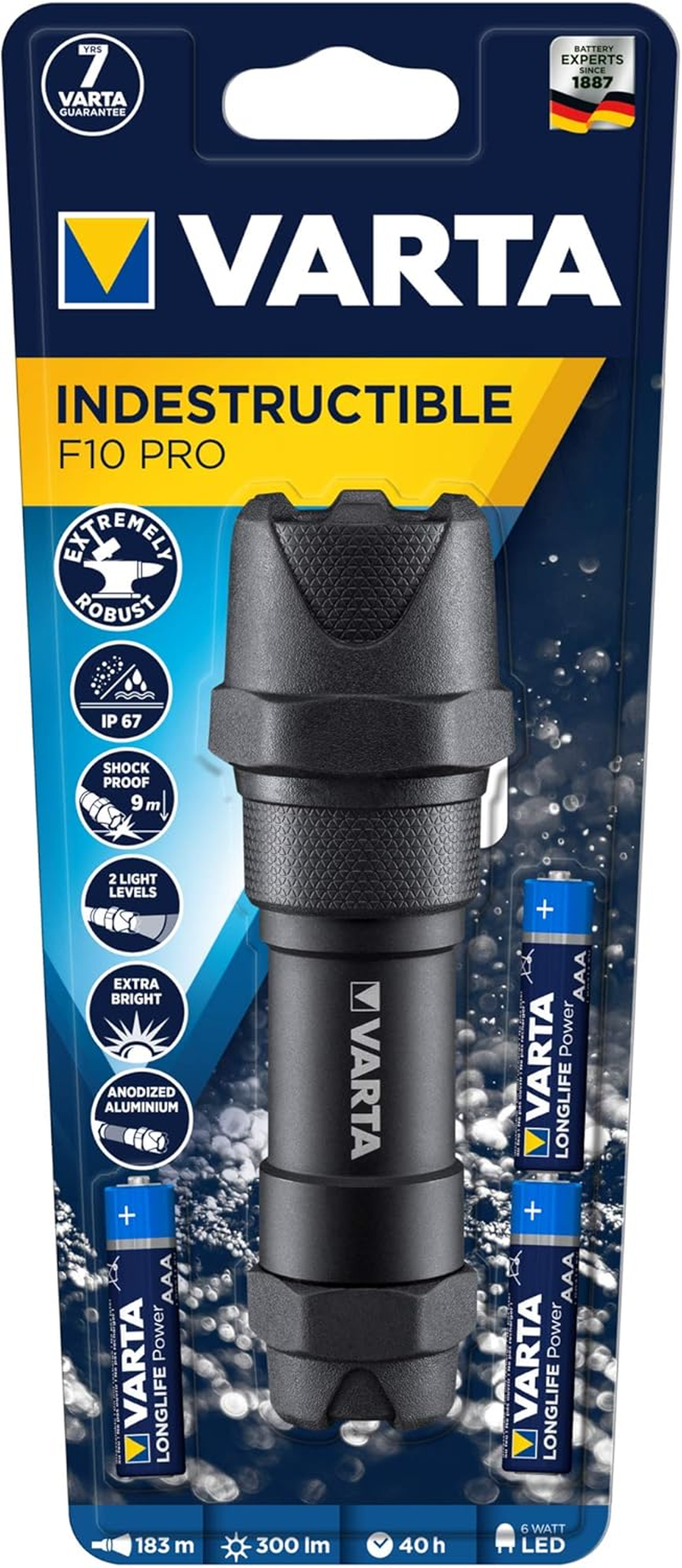 Varta Indestructible F10 Pro 6 Watt LED Torch/Work Light, Incl. 3X AAA Longlife Power Batteries, Waterproof and Dust-Resistant, Absorbs Impact, Anodised Aluminium Casing, Black image number 1