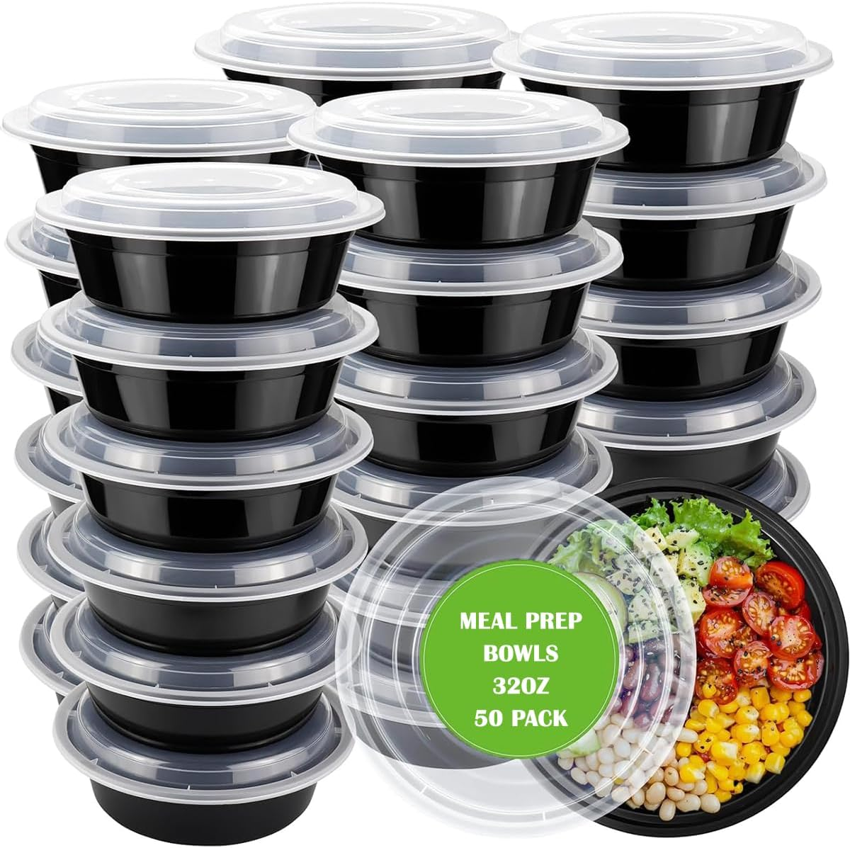 Blissify 32Oz round Meal Prep Containers with Lids, 50 Pack Food Storage Bento Bowls, Reusable Plastic Bento Lunch Box, BPA Free, Microwave Freezer Dishwasher Safe image number 5