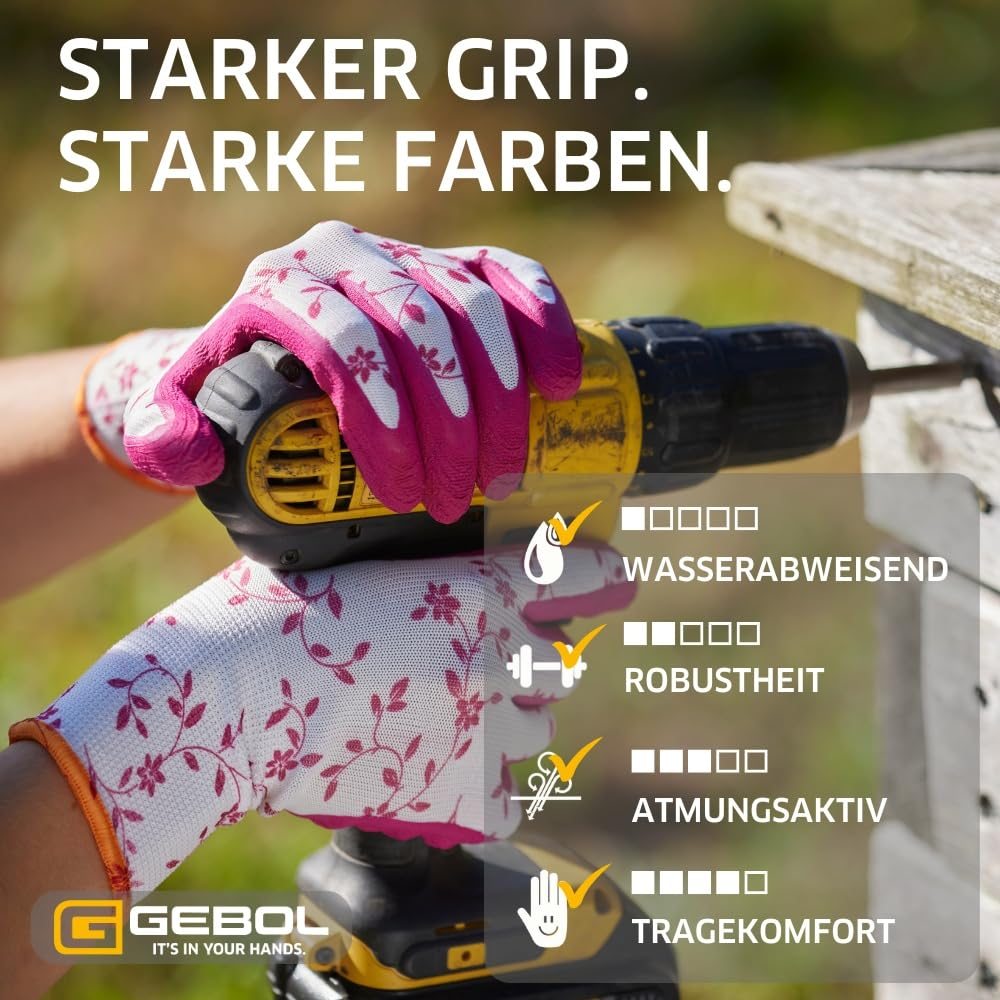 Gebol Flower Duo Women'S Gardening Gloves, Work Gloves with Latex Coating and Floral Pattern, Breathable with Grip for Garden & Assembly, Size S (Size 7), Red/Green, 2 Pairs image number 5