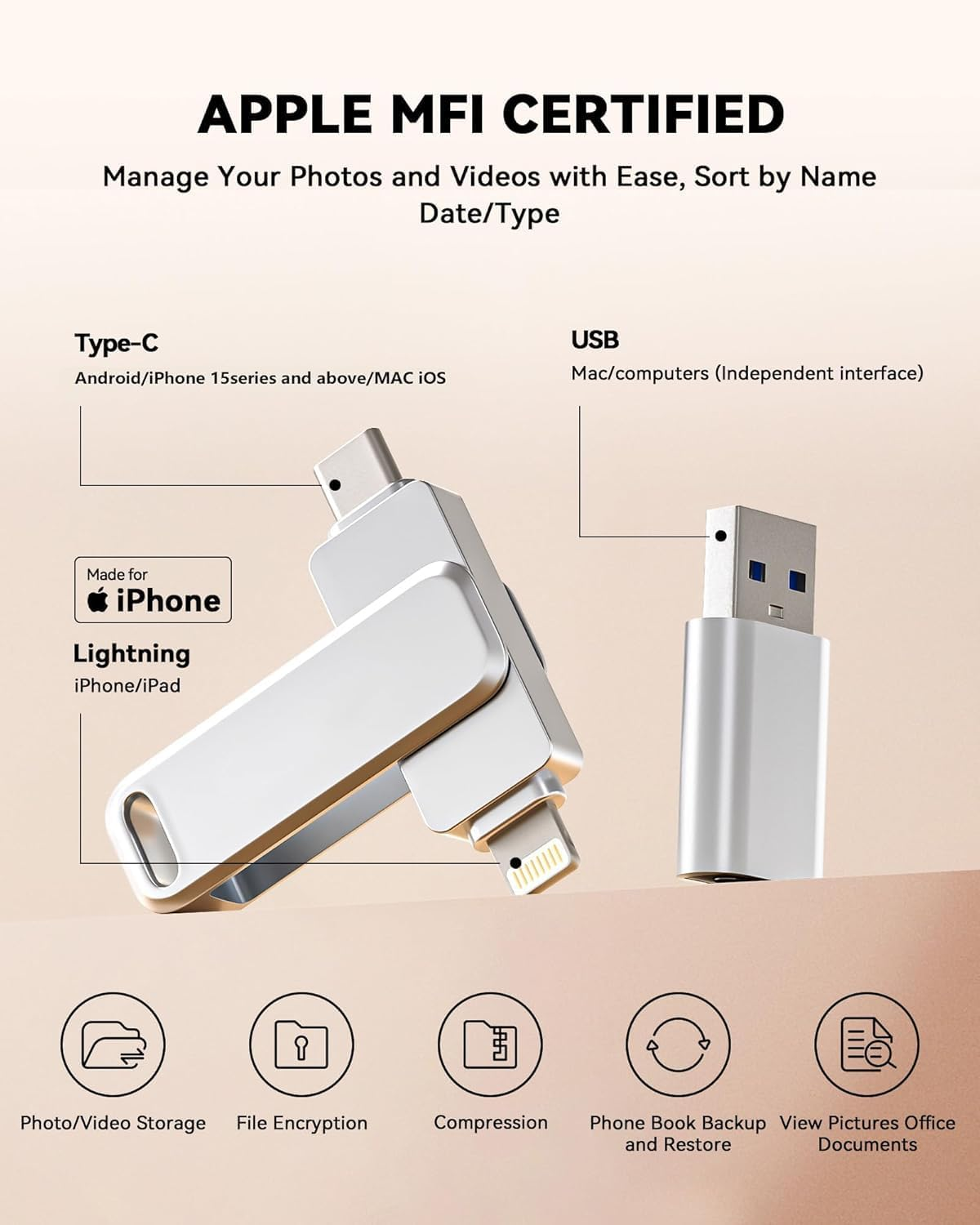 Mfi C-Ertified 512GB Flash Drive for Phone Photo Stick, USB Memory Stick High Speed Iphone Flash Drive, External Memory Storage USB Stick Thumb Drive for Phone/Pad/Android/Pc image number 5