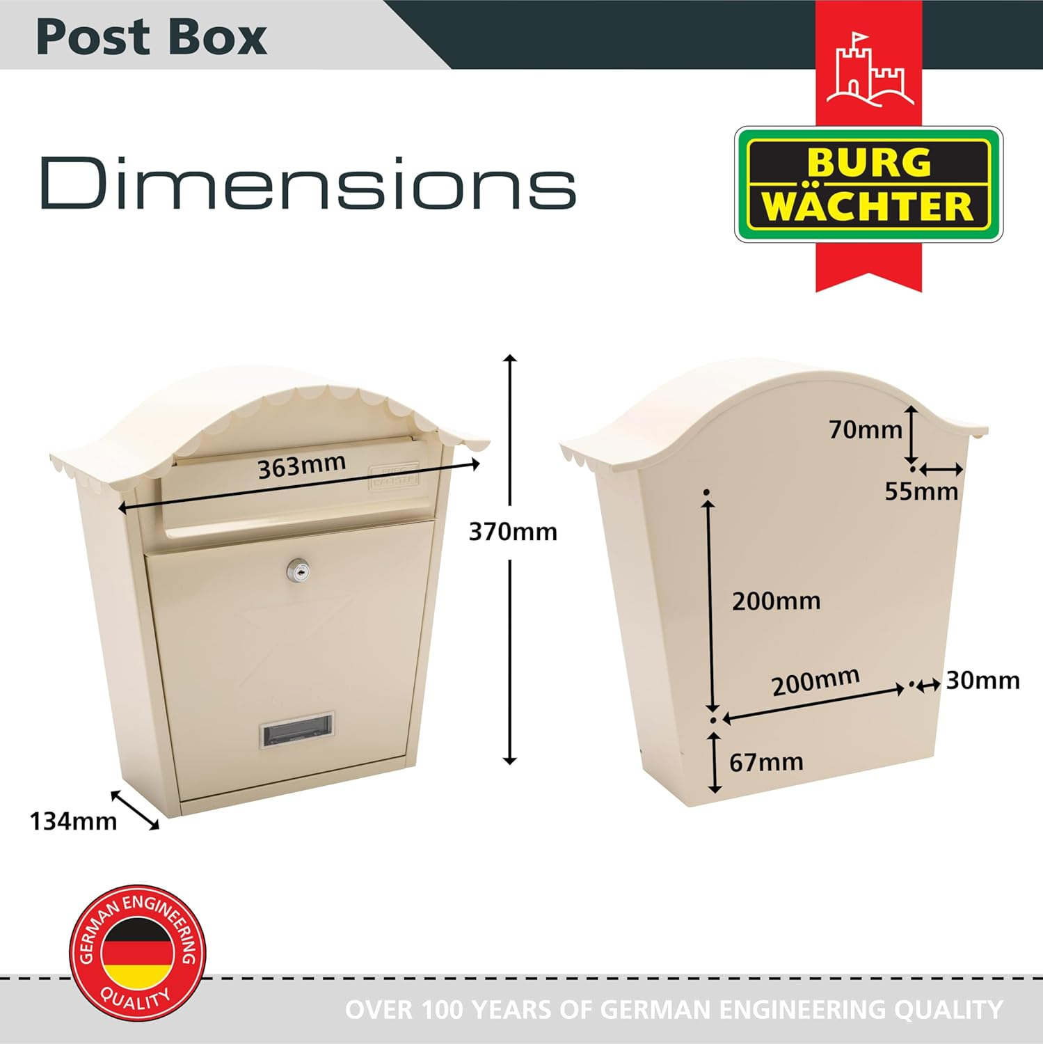 Burg-Wachter MB01AC Classic Wall Mounted Galvanised Steel Lockable Weatherproof Post Box, Antique Cream, 36X37X13Cm - Chartwell Green image number 4