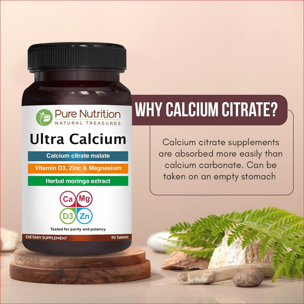 Pure Nutrition Ultra Calcium Citrate 1000Mg Highly Absorbable Calcium Supplement with Calcium Citrate Malate, Vitamin D, Zinc and Magnesium - 1 Tablet Daily (90 Veg Tabs) Non-Gmo | Gluten-Free image number 4