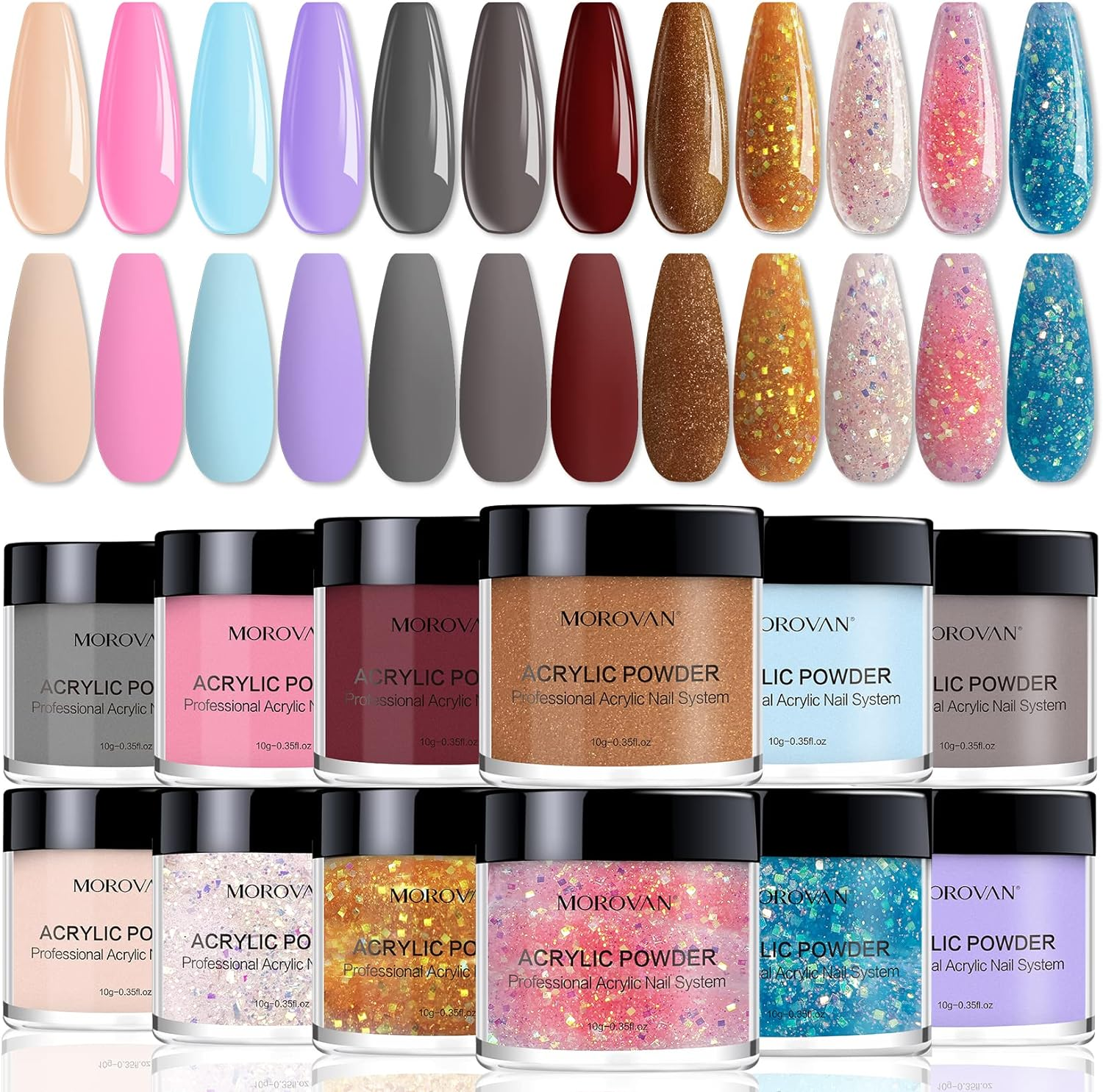 Morovan Acrylic Powder Set 12 Colors Gift Nail Art Powder Beginner DIY Professional Polymer Powder for Acrylic Nails Extension Odor-Free Bubble-Free No Nail Lamp Needed (Elegant Senior) image number 2