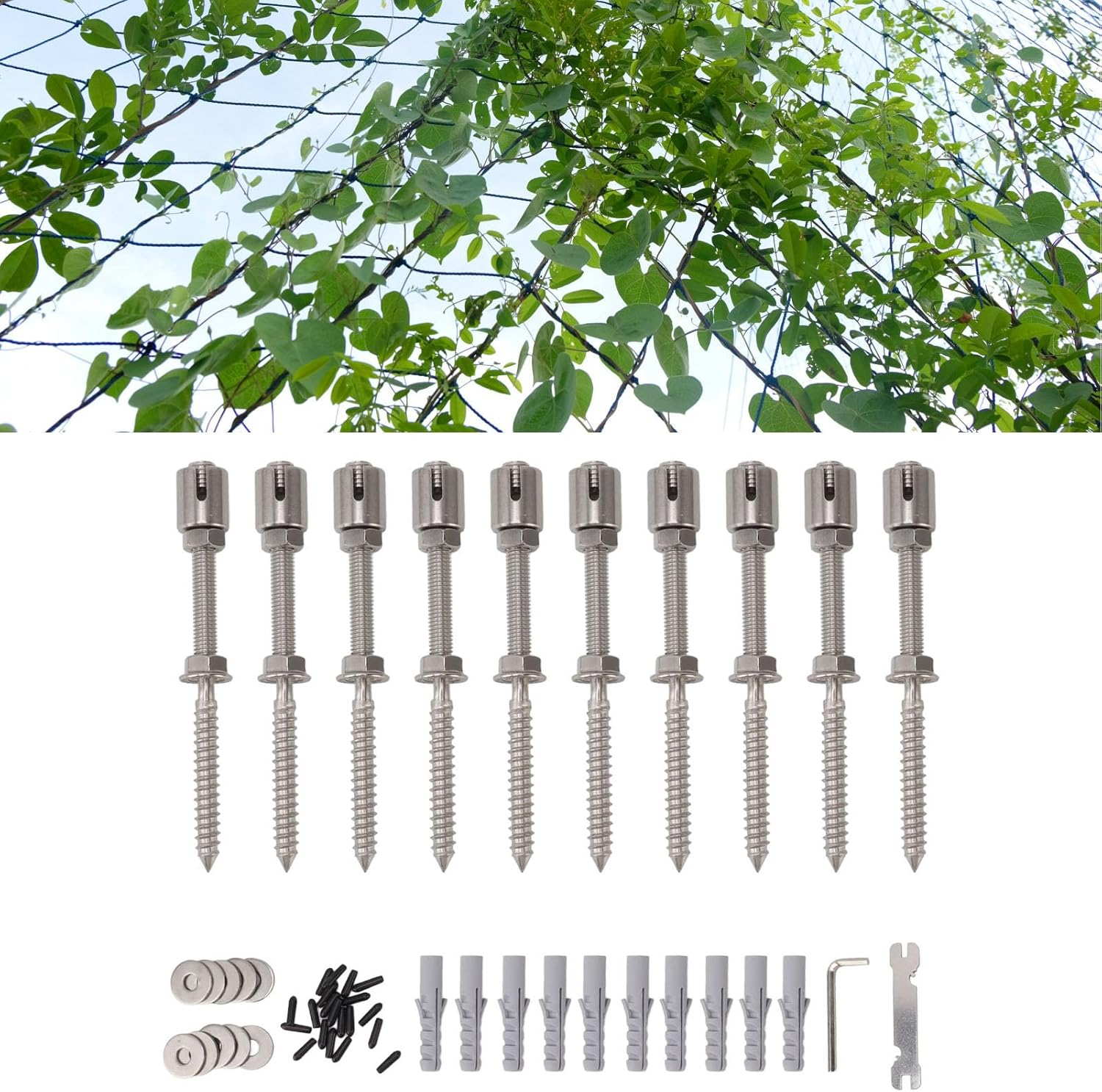 10Sets Wire Trellis Kit, Stainless Steel Green Wall Espalier Trellis for Climbing Plants Outdoor, Heavy Duty Cross Cable Clamp Trellis System for Garden, Plants, Vines & Green image number 5