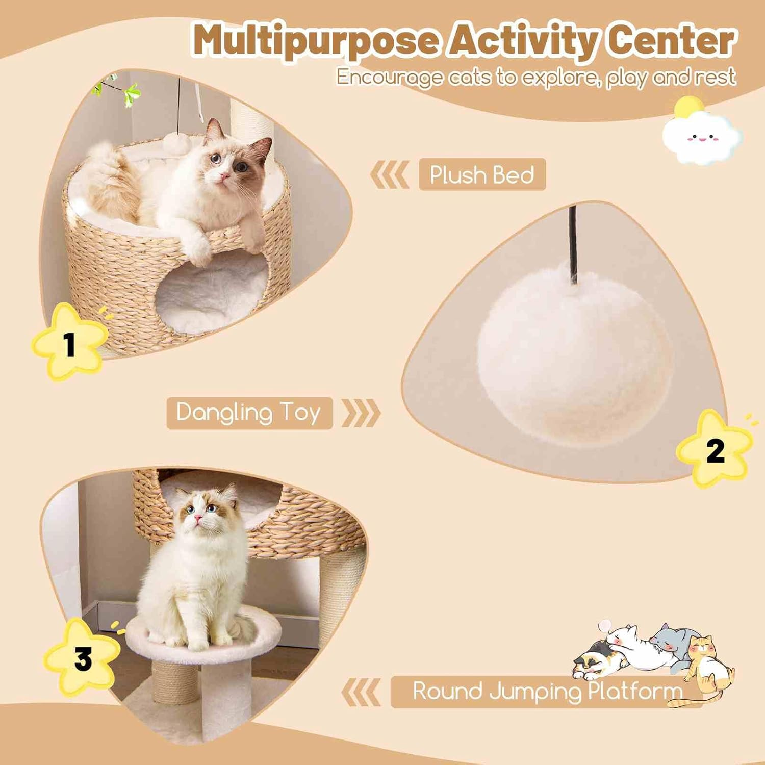 Costway Cat Tree for Indoor Cats, Modern Cat Tower W/Top Perch, Cattail Fluff Condo, Sisal Scratching Posts, Hanging Toy, Bed, Removable Cushion, Anti-Tipping Device, Kitty Activity Center, Natural image number 1