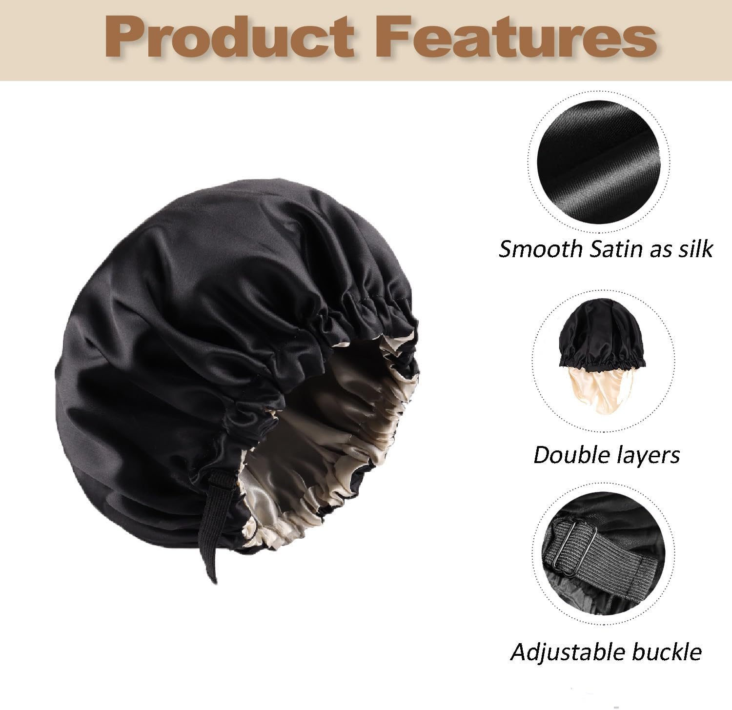 Wzenclave Large Satin Bonnet Silk Bonnet for Sleeping Women Men, Hair Bonnet Double Layer Reversible with Elastic Tie Band Adjustable Night Sleep Cap Wrap for Curly Hair image number 5