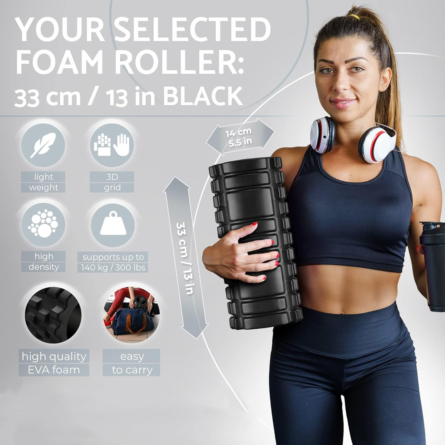 Foam Roller - EVA Muscle Massage Roller for Deep Tissue Tension Relief, Trigger Point Fitness, Self Massager for Back, Legs, Yoga, Pilates, Gym (Black) image number 5