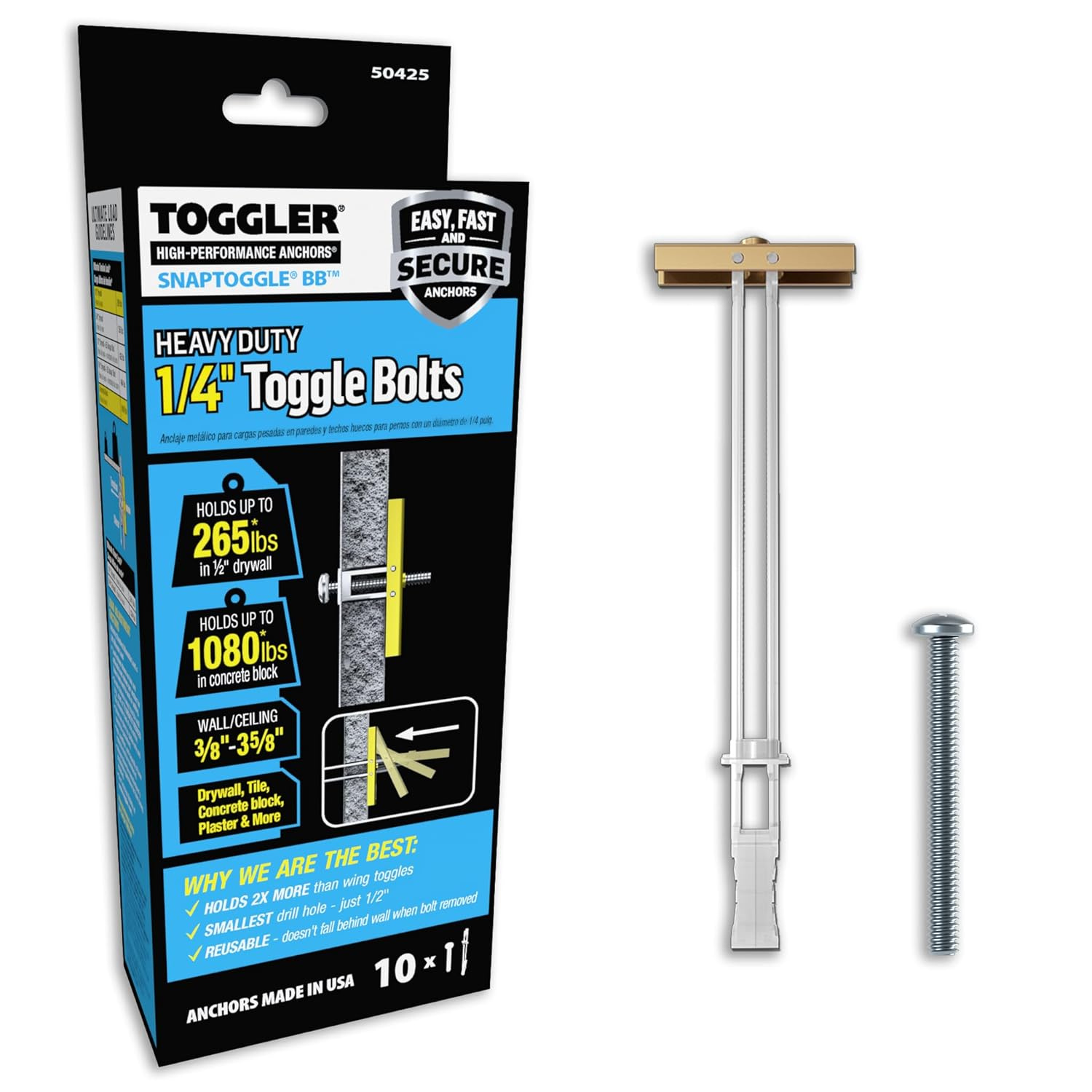 TOGGLER SNAPTOGGLE BB Toggle Anchor with Bolts, Zinc-Plated Steel Channel, Made in US, 3/8" to 3-5/8" Grip Range, for 1/4"-20 UNC Fastener Size (Pack of 10) image number 3