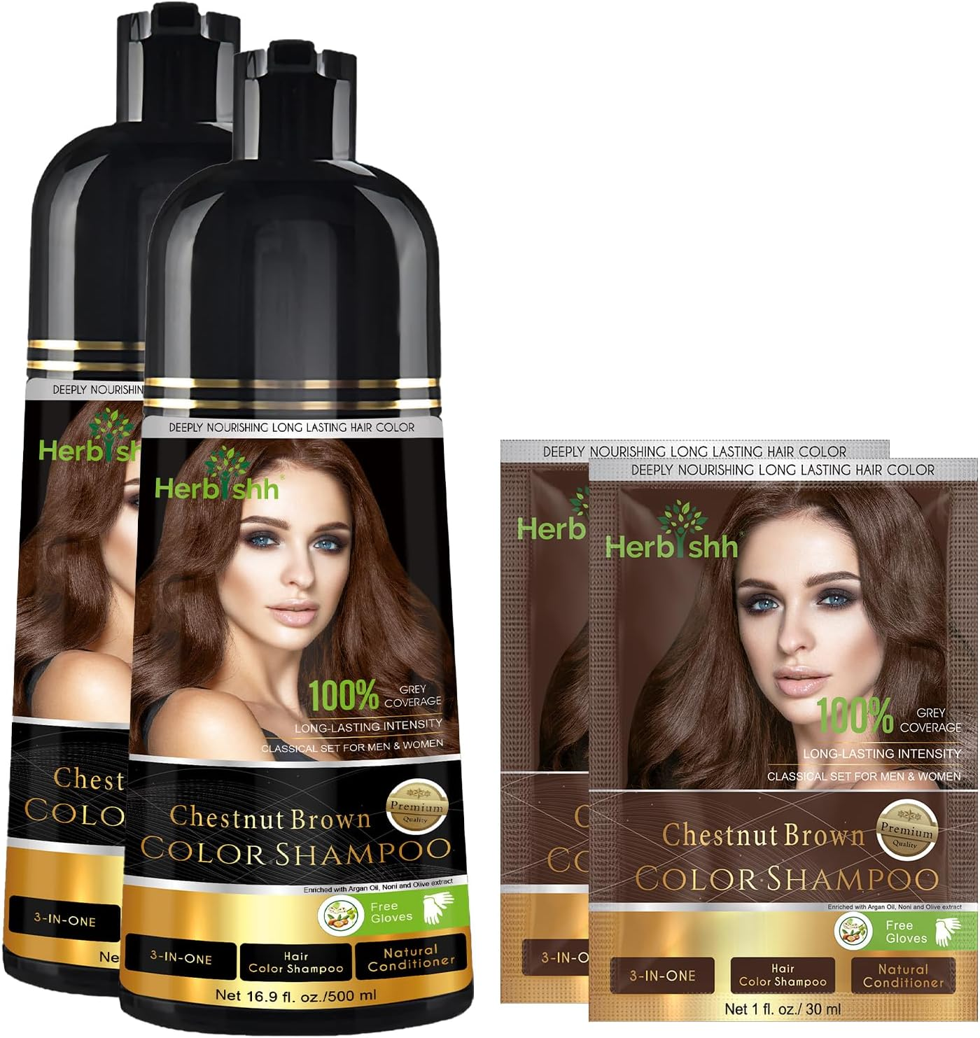 Herbishh Chestnut Brown Gray Hair Shampoo &ndash; 4 Bottles + 4 Pouches | 3‑In‑1 Ammonia‑Free Hair Dye Conditioner