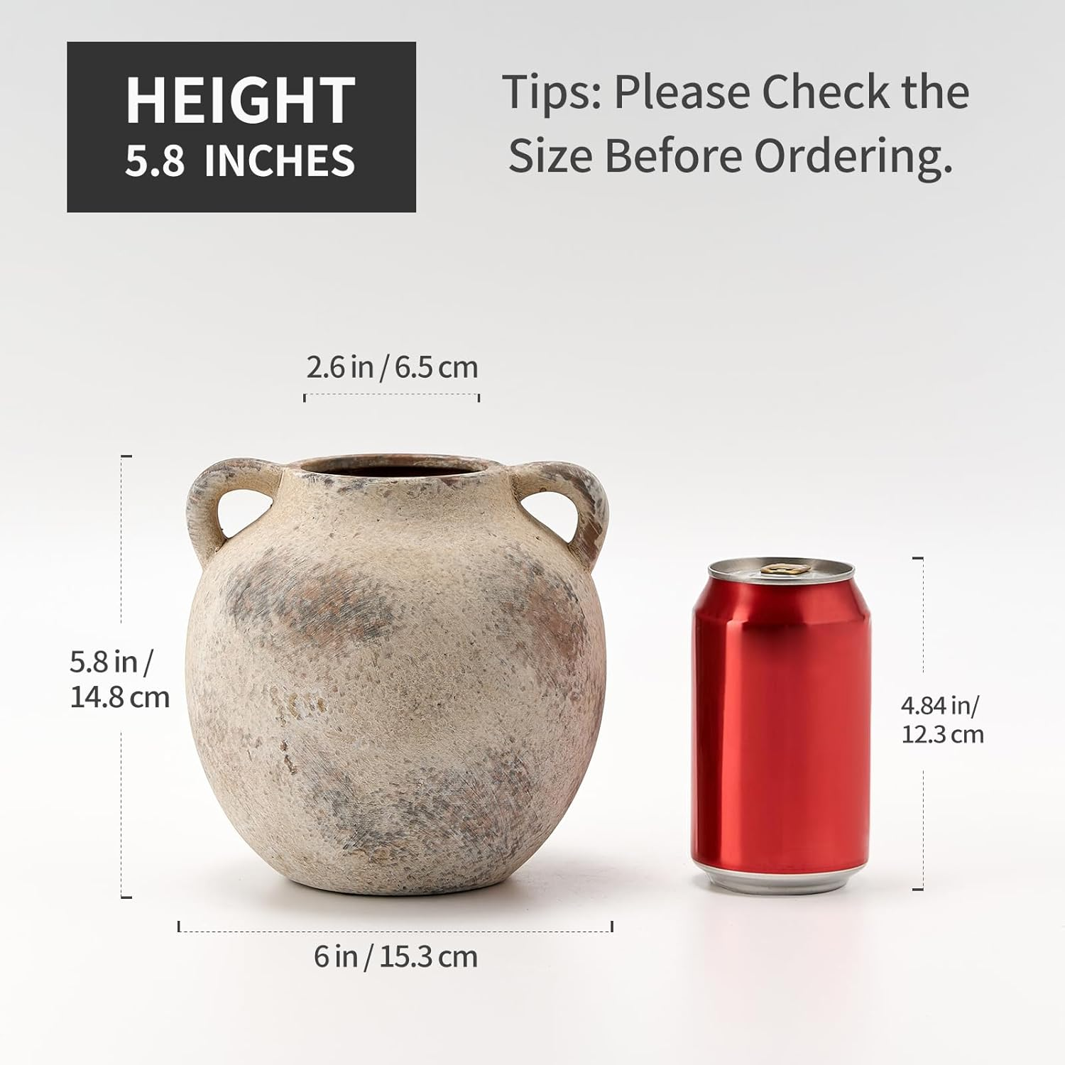 5.8 Inch Terracotta Vase with Handles, Rustic Vase for Home Decor, Farmhouse, Living Room, Table - Gray, Set of 1