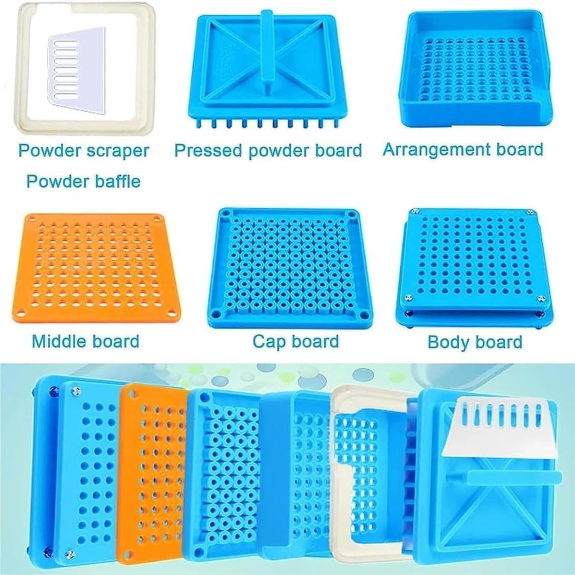 Capsule Filling Machine, 100 Holes Manual Filling Tray Kit, for Size 0 Gelatin Veggie Capsules for Vitamins, Herbs & Supplements Holes, (0#Cyan) image number 3