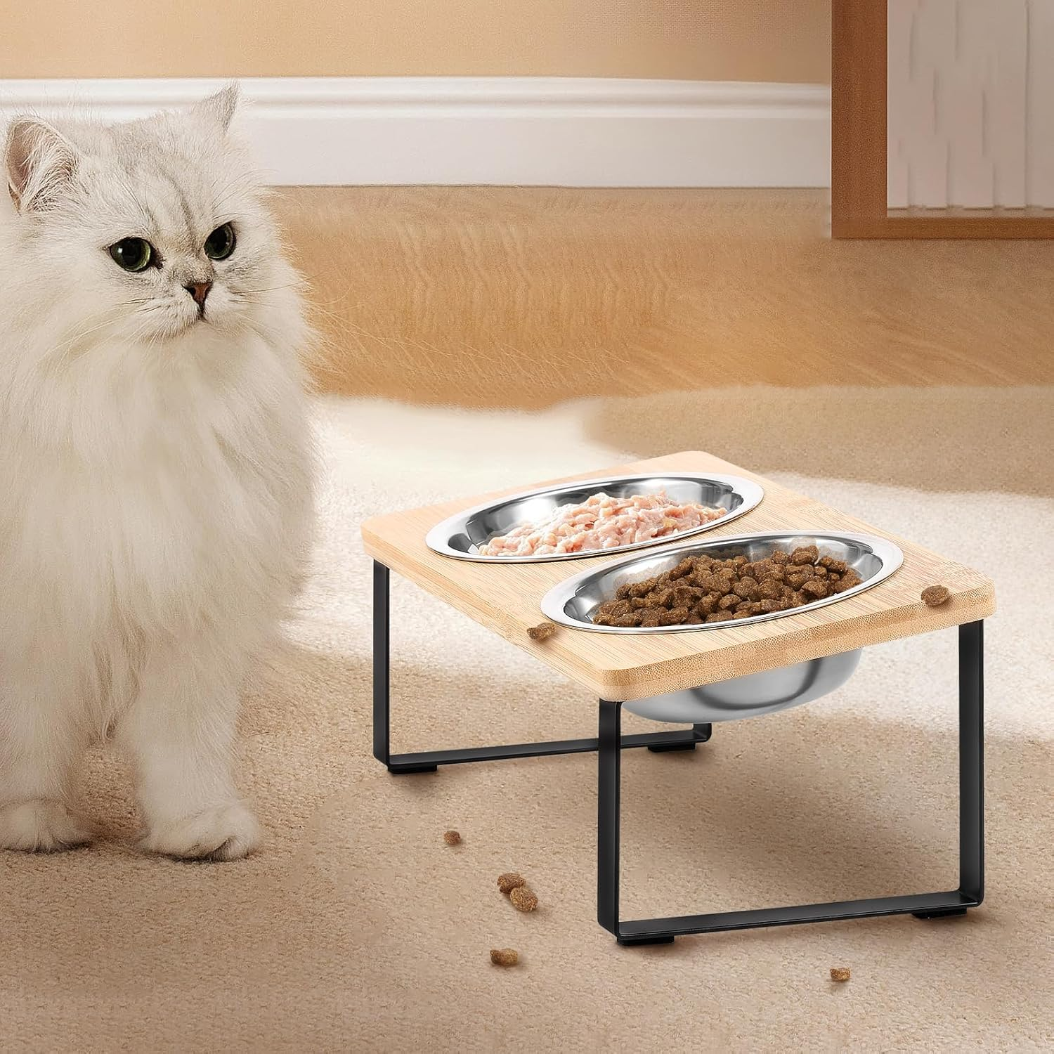 Elevated Cat Bowls Raised Cat Food Bowls 15 &deg;Tilted Pet Bowl Feeder Adjustable Dog Cat Water Bowls with 2 Stainless Steel Bowls for Dry Wet Protect Pet'S Spine, Whisker Stress Free anti Vomiting image number 3