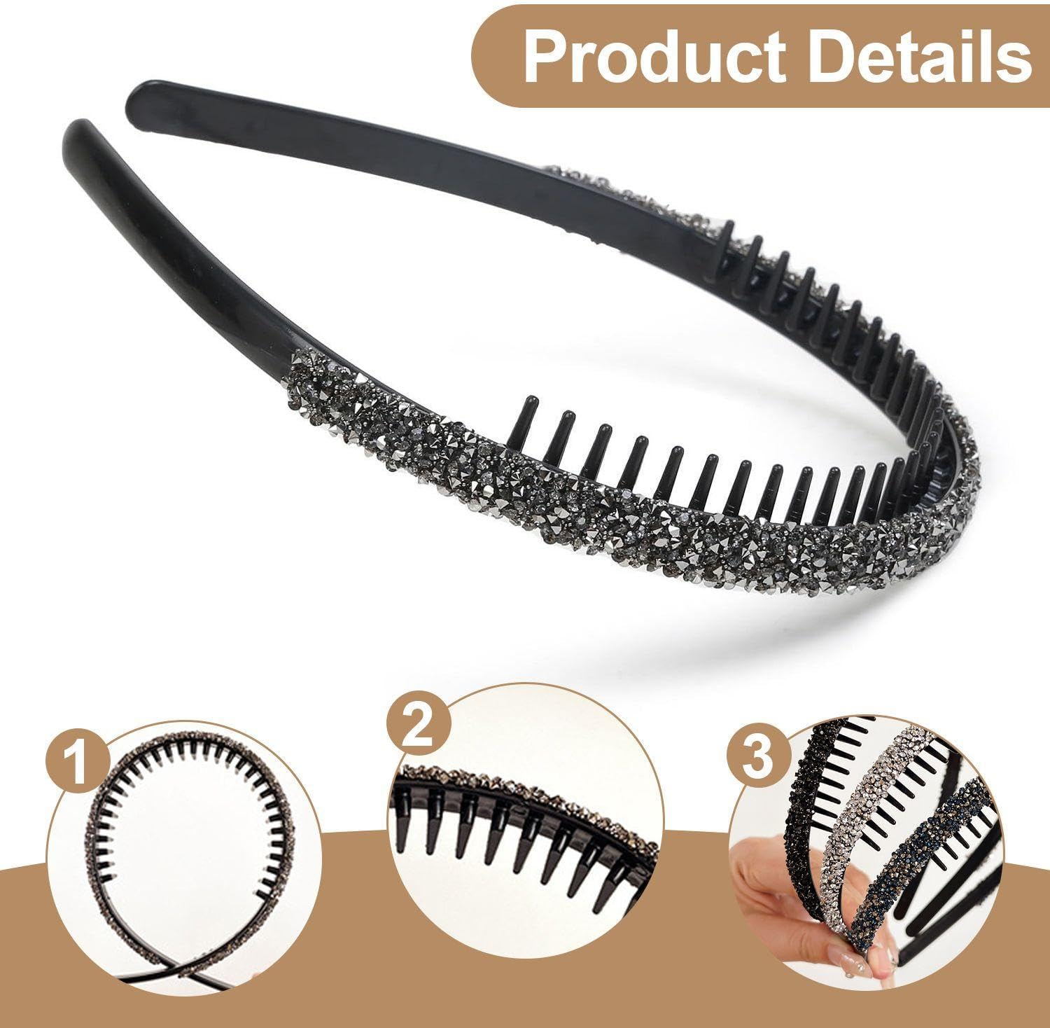 Pack of 6 Thin Rhinestone Headbands, Shiny Headbands, Elee Headbands, Non-Slip Zigzag Headbands, Hair Accessories image number 2