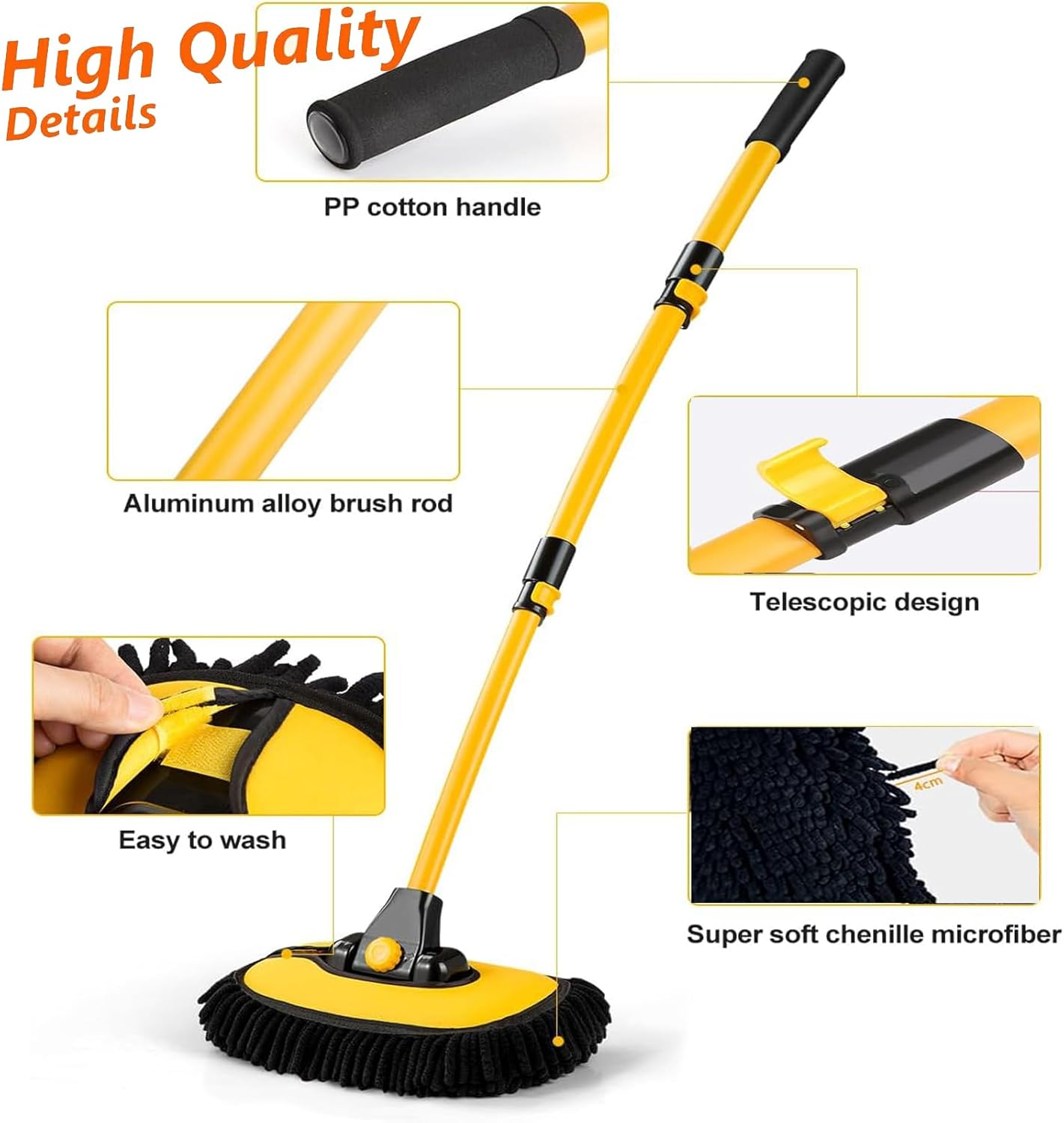 Car Wash Brush with Long Handle,43" Aluminum Alloy Telescopic Microfiber Cleaning Tools,Car Wash Kit for Washing Caravan Van Truck Boat Exterior Interior Duster Cleaning Supplies Scratch Free ﻿ image number 4