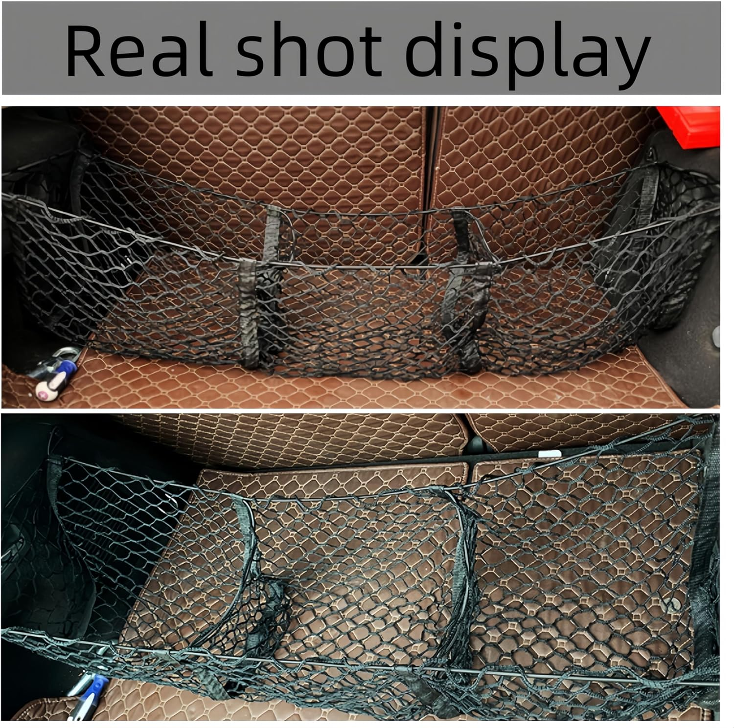 Ai-Oumleef Automotive Cargo Net,Detachable Cargo Net Trunk Bed Organizer, Cargo Net Trunk Bed Organizer with 4 Carabiners Accessories,Mesh Storage Net Heavy Duty Cargo Net with 3 Pocket(90*30*30Cm) image number 2