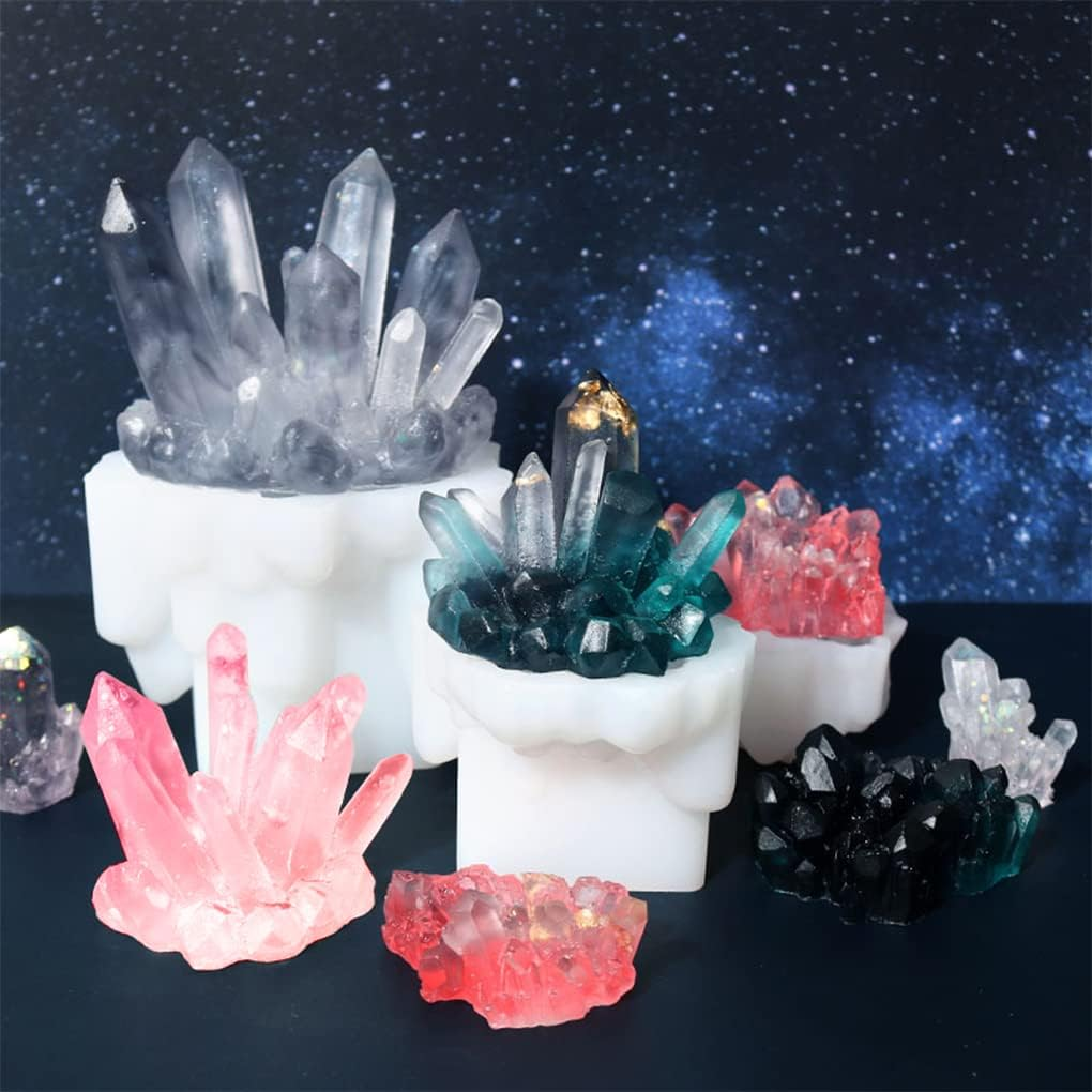 Fineinno 11 PCS Crystal Cluster Molds Set Quartz Rock Silicone Resin Mould Crystal Column Icicle Iceberg Epoxy Resin Molds with Different Shapes for Making Epoxy Druzy Stone, Rocks, Gems - Transparent,White image number 2