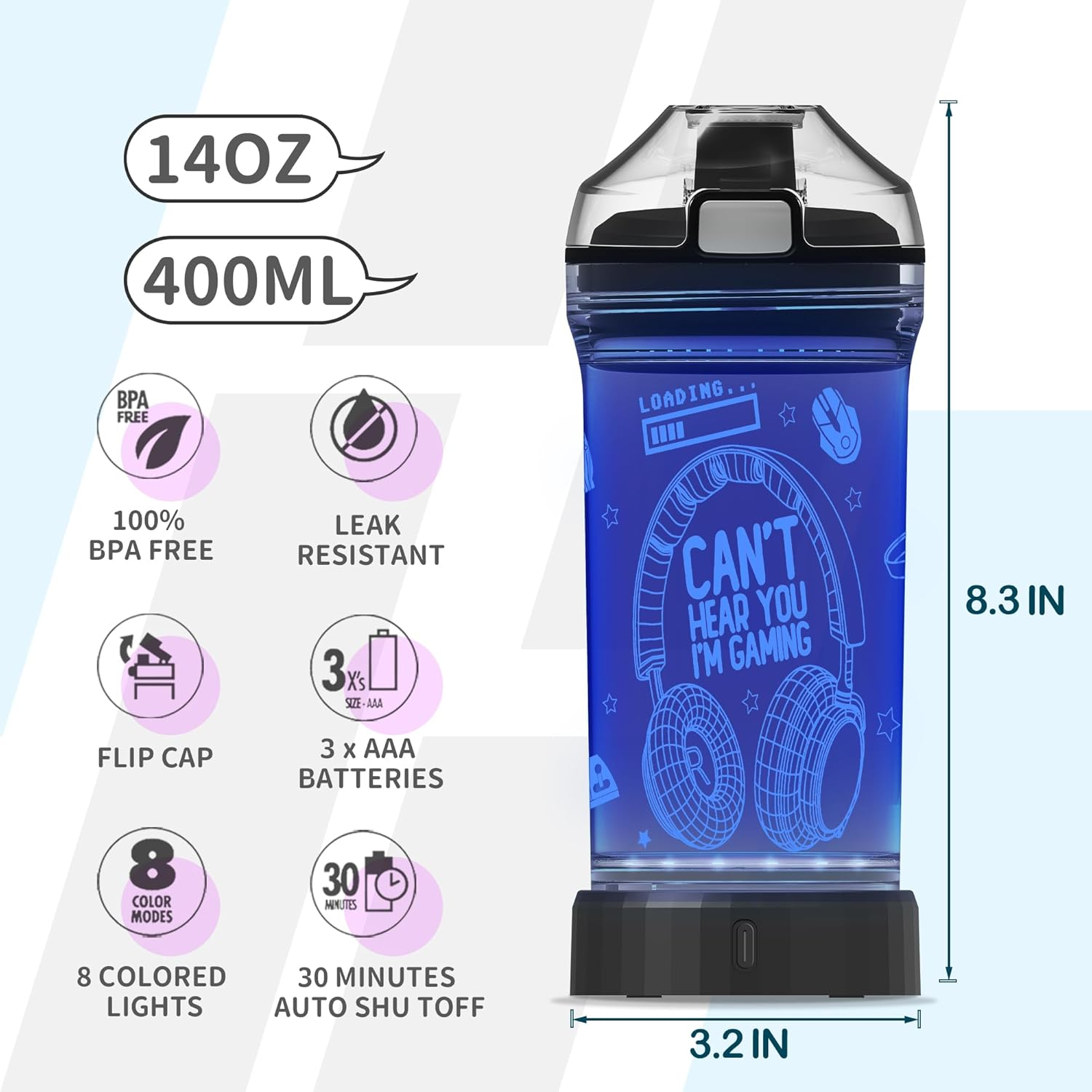 Gamer Water Bottle, Light up 3D Headphone Design, 14Oz Tritan BPA Free - for Boys Girls- Kids Drinking Cup - Christmas Holiday image number 6