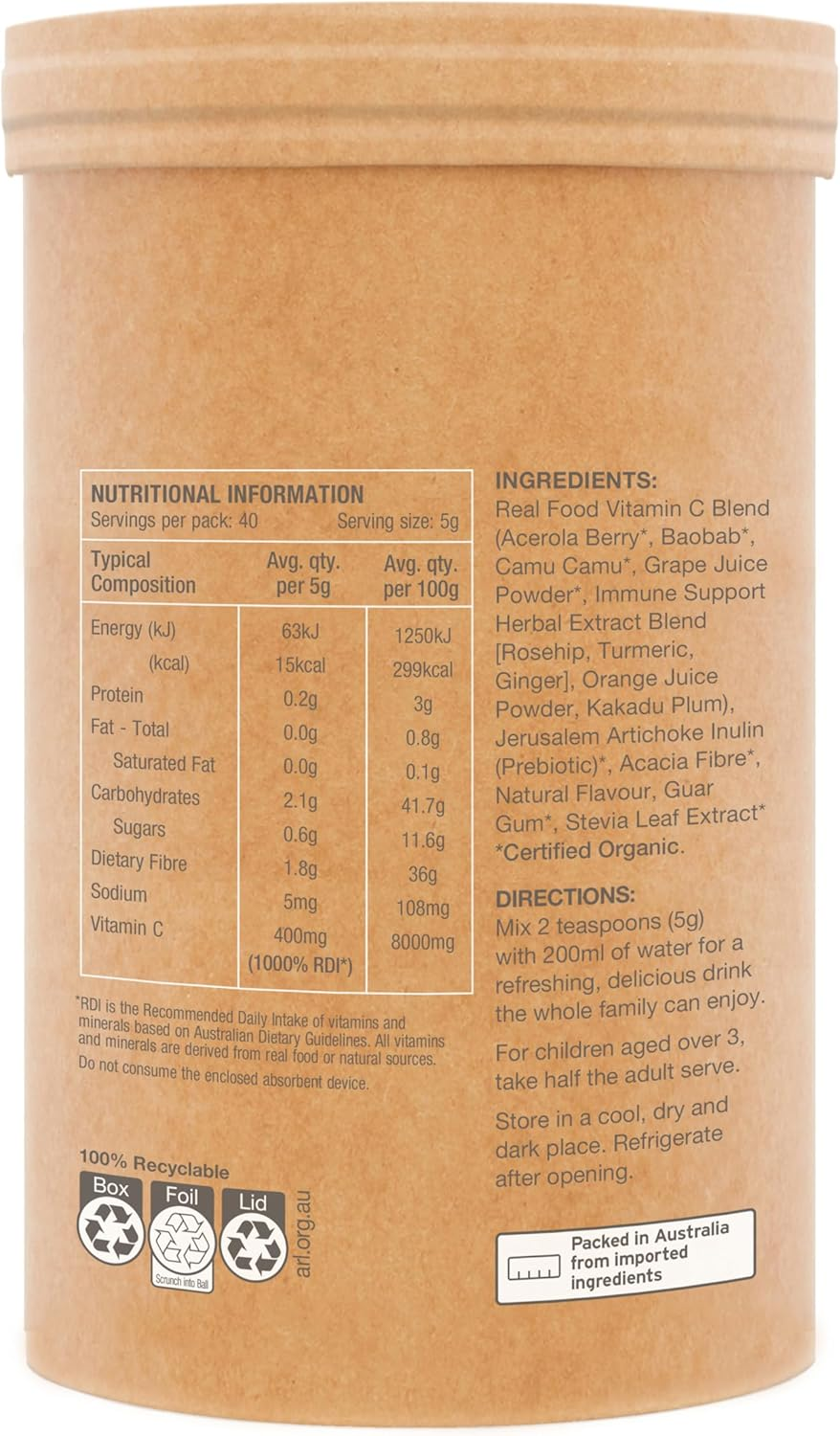 Raw Real Food Nutrients Organic Vitamin C - Passionfruit Flavour | Certified Organic, Plant-Based, Non-Synthetic | Immune Support, Collagen & Skin Health, Gut & Prebiotic Support &ndash; 200G image number 5