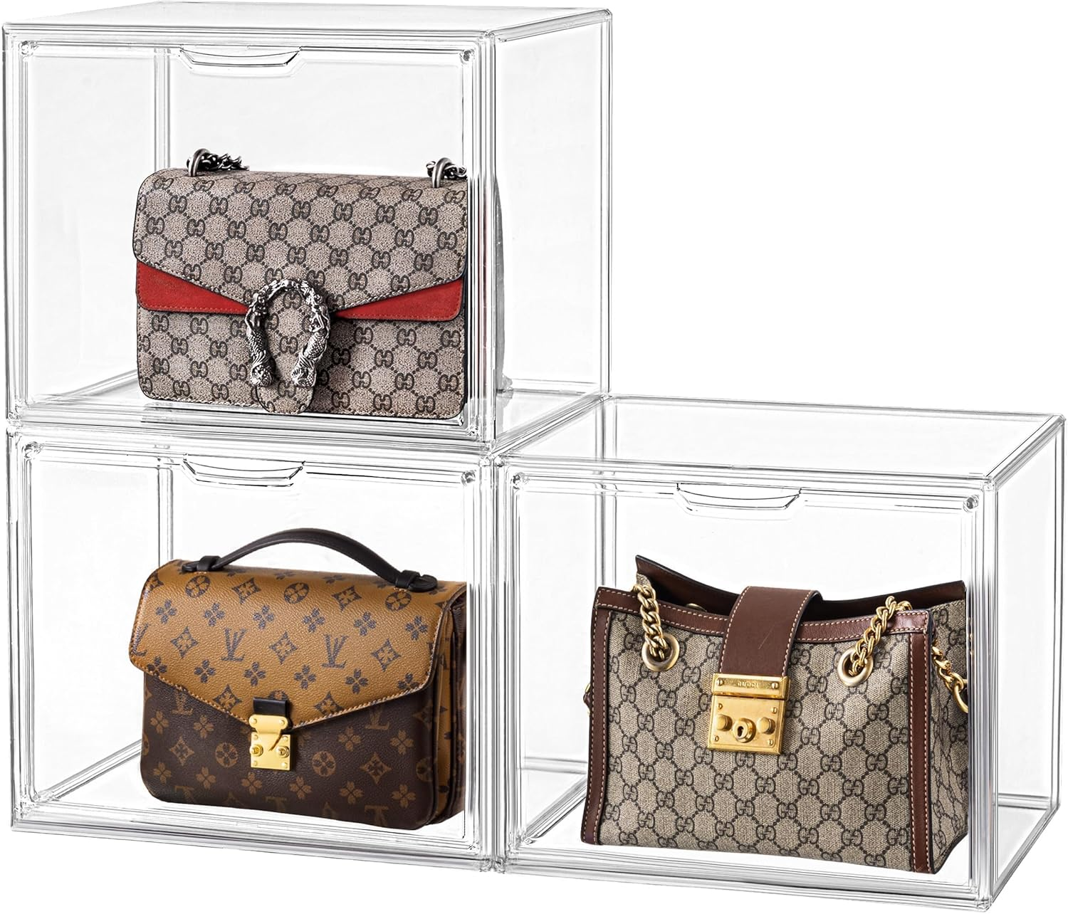 Hblife Clear Purse Organizer for Closet, Stackable Handbag Storage Box Container with Magnetic Door for Collectibles, Cosmetics, Books, Women Heels and Toys (3 Pack, Large)