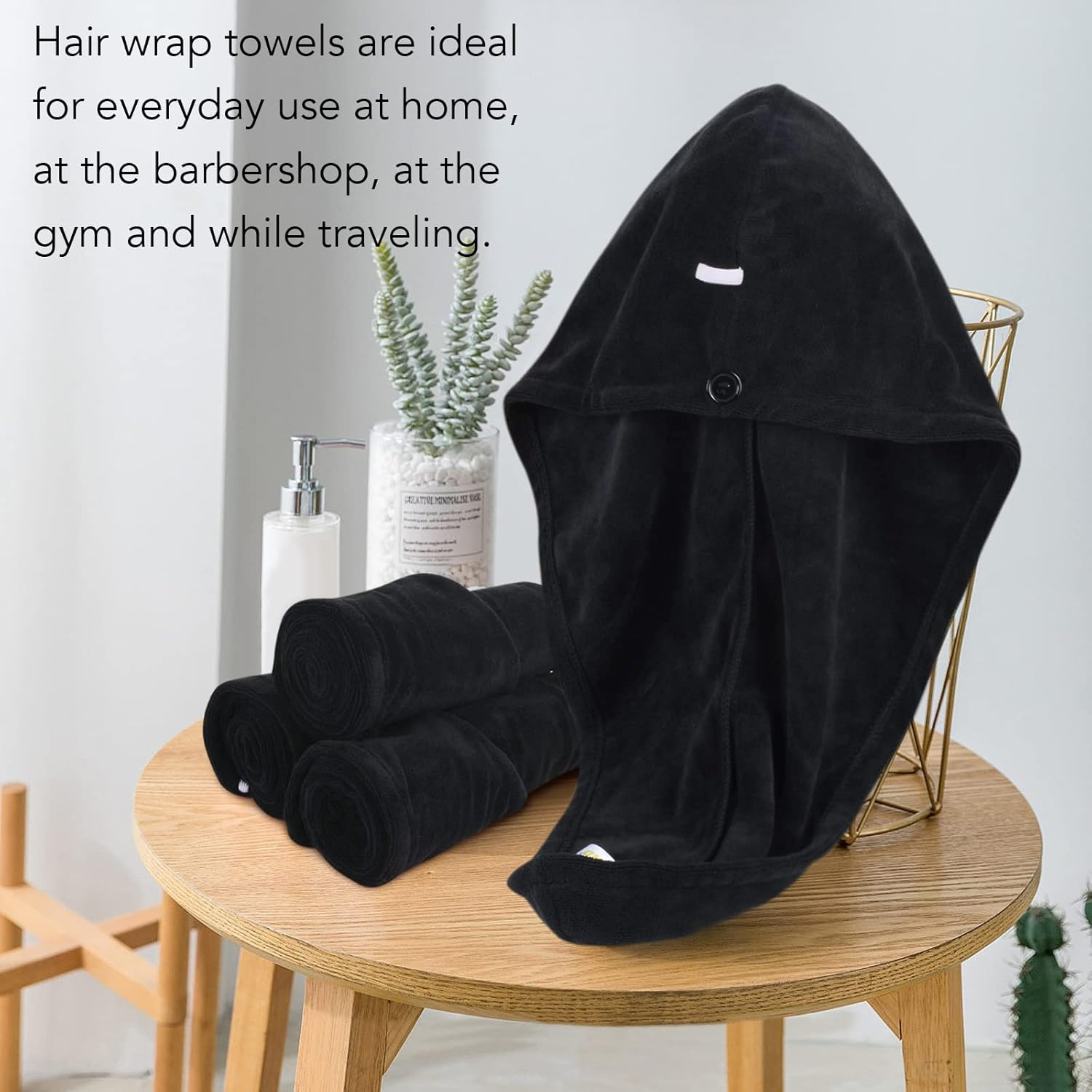 Sinland 3 Pack Microfiber Hair Towel Wrap Super Absorbent Hair Turban for Women Fast Drying Hair Towels with Buttons for Drying Curly Long Thick Hair - Black image number 2