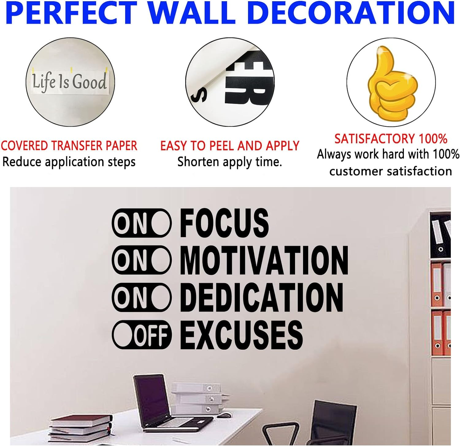 SEATUNE Inspirational Wall Decals, Gym Wall Art, Quotes Classroom Office Barbershop Beauty Salon Coffee Shop Pet Shop Home Vinyl Art Stickers on Focus on Motivation on Dedication off Excuses 27"X16.2" image number 4