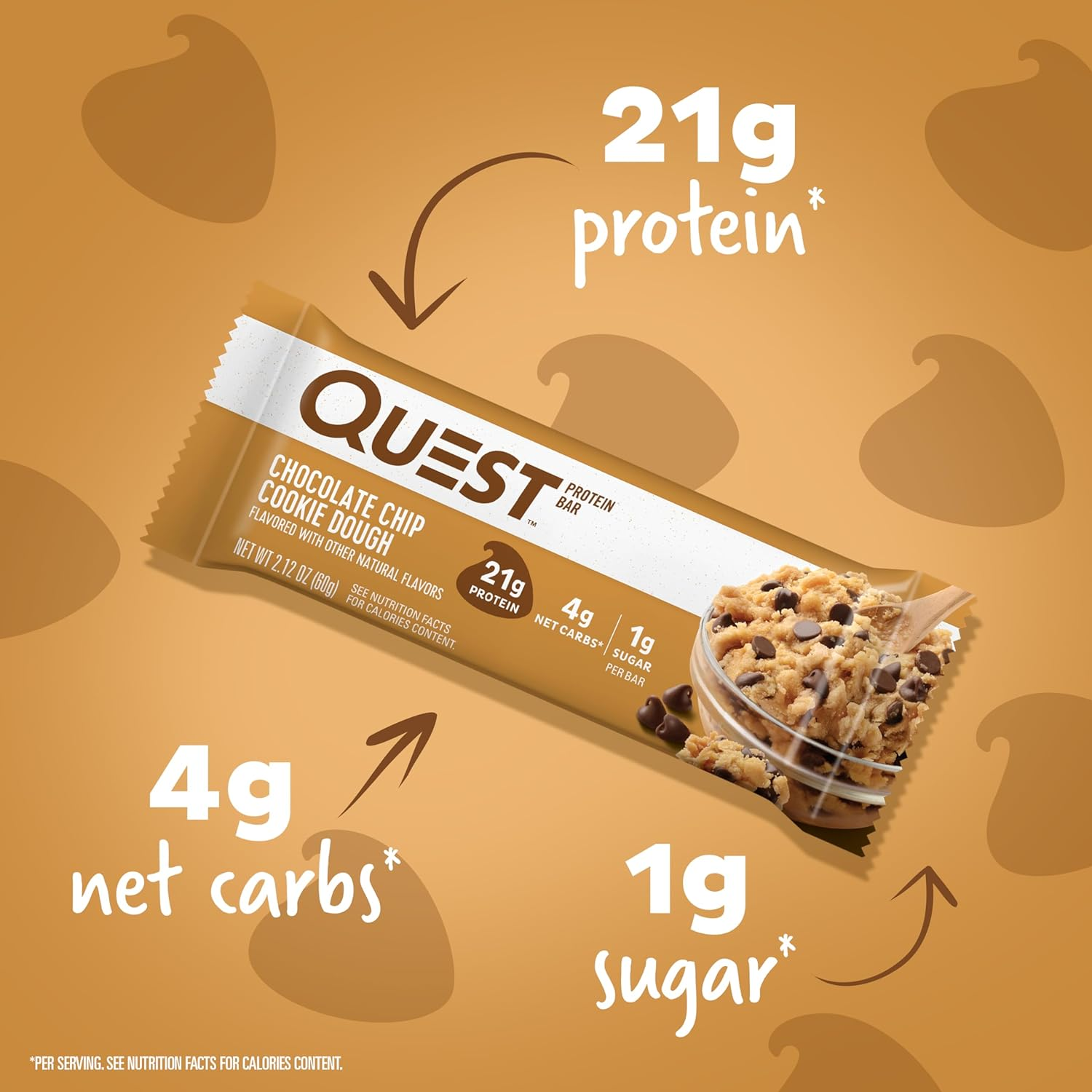 Quest Nutrition Chocolate Chip Cookie Dough Protein Bars, 21G Protein, 4, Net Carbs, 1G Sugar, Gluten Free, Keto Friendly, 4 Count image number 1