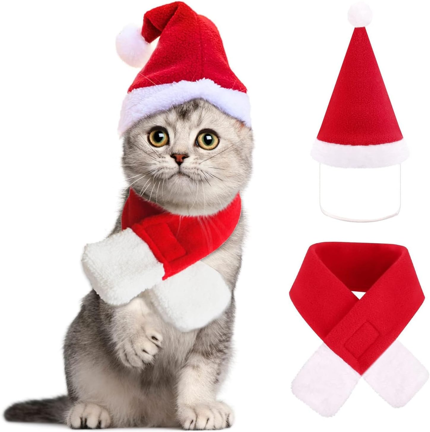 XIMISHOP Pack of 2 Christmas Cat Dog Costume with Red Christmas Hat and Scarf Decoration Christmas Costume Cat Clothing Dog Clothing for Christmas Outfit Cosplay Party image number 3