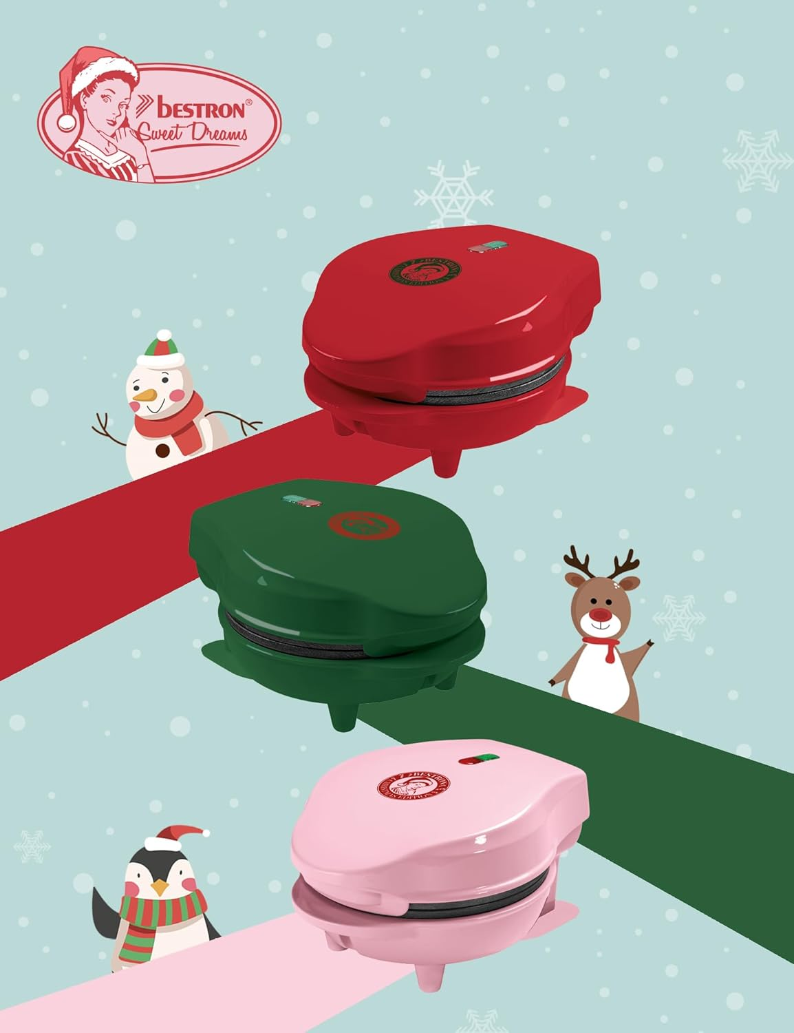 Bestron Mini Waffle Maker in Christmas Edition, Waffle Maker with Non-Stick Coating, Waffle Maker Ideal for Christmas, Parties or as a Gift, Waffle Size: 10 Cm, Colour: Matte Green - Matte Green image number 2