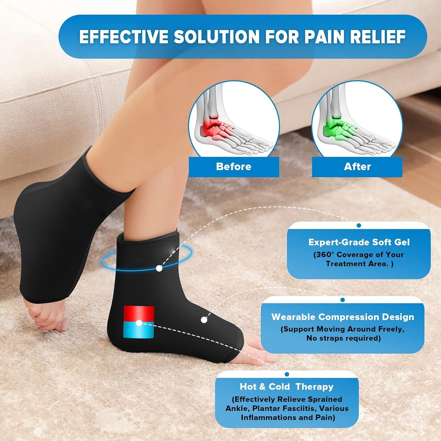 Ankle Ice Pack Wrap for Swelling, Reusable Ankle Ice Pack for Sprained Ankle Injuries, Cold Therapy Sock Compression, Plantar Fasciitis Relief, Achilles Tendonitis, Sore Feet, Foot & Heel image number 1