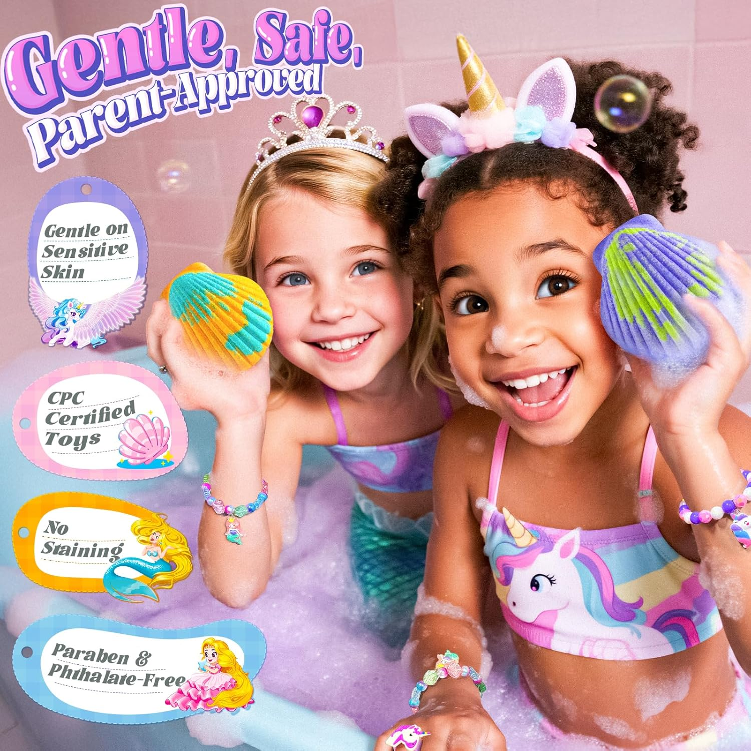 Shell Bath Bombs for Girls &ndash; 12 Pack Child-Safe Aromatherapy Bath Bombs with 20 Surprise Toys Inside, 6 Fruity Scents in 2 Gift Boxes (Mermaid & Unicorn Themes) image number 4