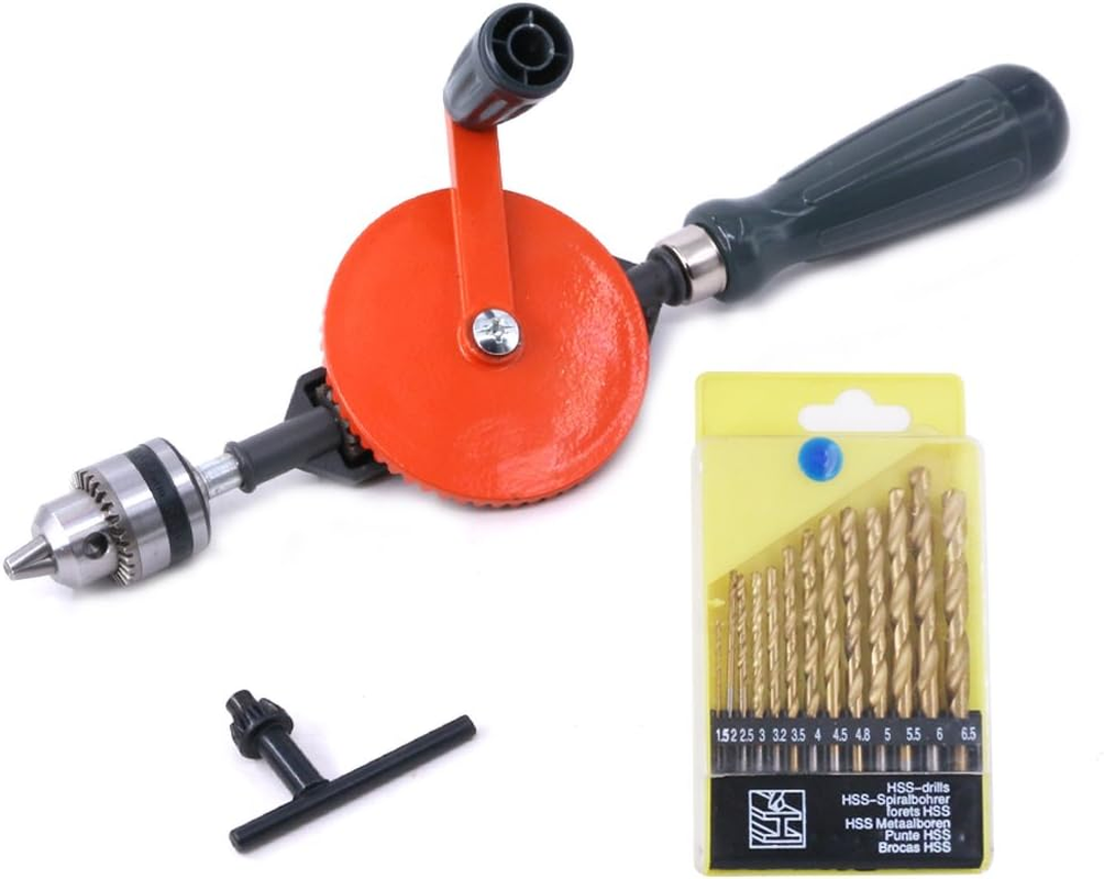 Swpeet Powerful Speedy Hand Drill 1/4-Inch Capacity with 13Pcs Drill Bit Set, Mini Hand Drill Manual &frac14; Inch with Finely Cast Steel Double Pinions Design, Chucks and Grip Handle for Woods, Plastics image number 2