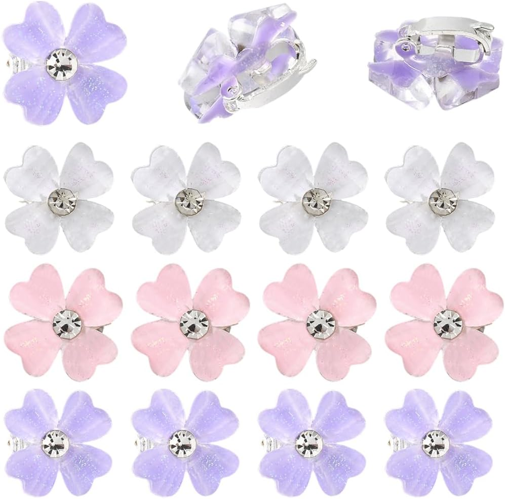 SUNNYCLUE 1 Box 30Pcs 3 Colors Four Leaf Clover Hairclip Lucky Hair Pin Mini Resin with Rhinestone White Pink Purple Shiny Hair Clips for Barrettes Braid Decorative Accessories Women Costume Party image number 6
