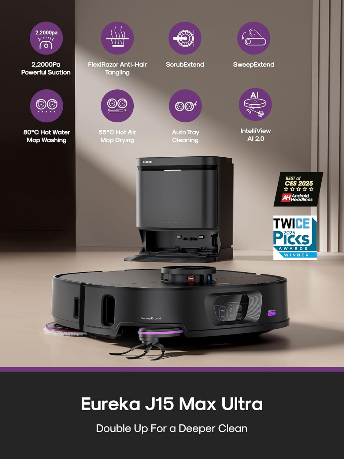 Eureka J15 Max Ultra Robot Vacuum Cleaner and Mop, 22,000 Pa Suction, Flex-Arm for Edge Cleaning, Dual Anti-Tangle Design for Pet Hair, Hot Water Mop Washing & Hot Air Drying, AI Obstacle Avoidance image number 1