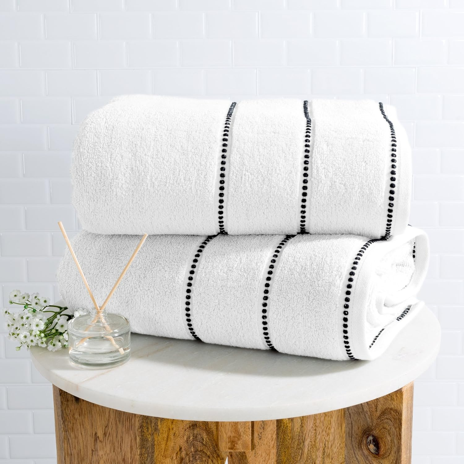 Luxury Cotton Towel Set- 2 Piece Bath Sheet Set Made from 100% Zero Twist Cotton- Quick Dry, Soft and Absorbent by Bedford Home (White/Black) image number 5