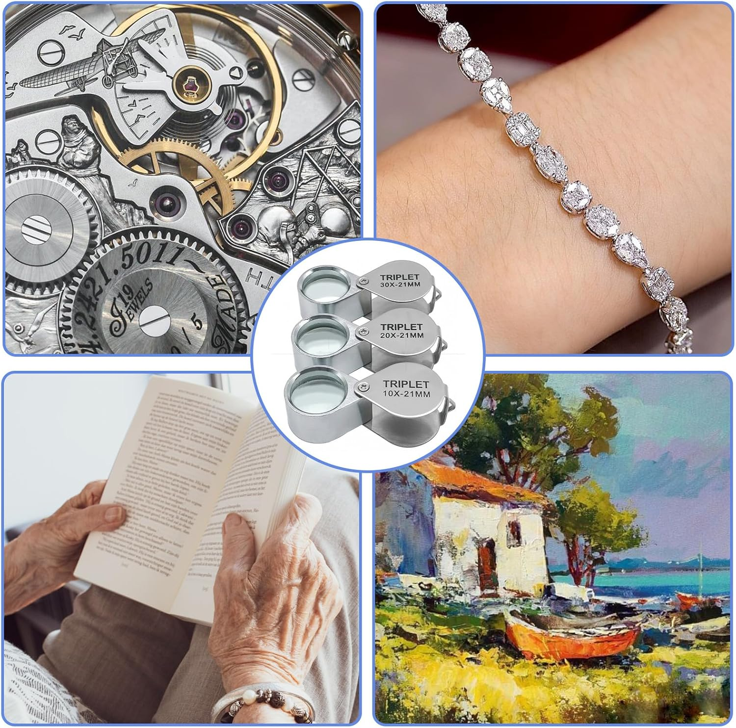 3 Pcs Jewellers Loupe, 10X, 20X and 30X Magnifier, Loupe Magnifier, Folding Handheld Magnifying Glass for Jewelry Recognition, Scientific Documents, Newspaper and Book Reading image number 3