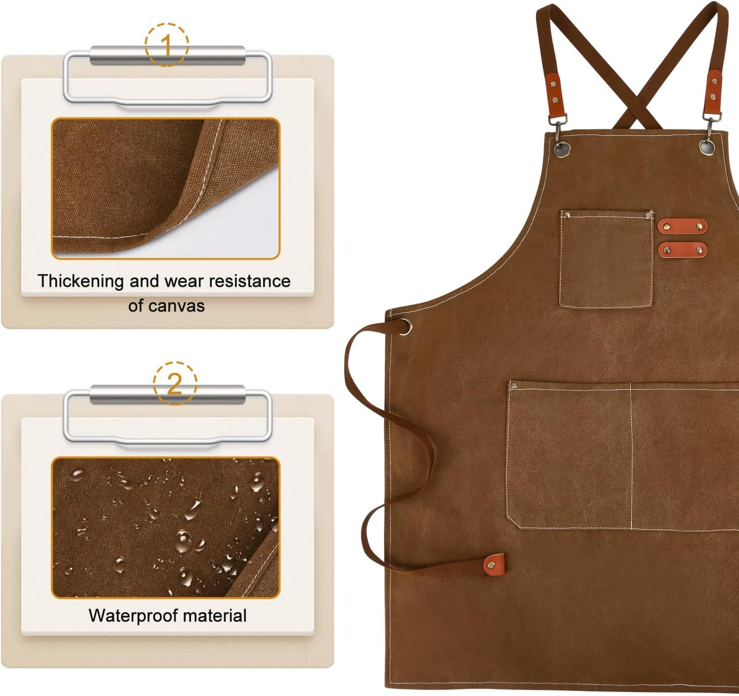 IKEEP Canvas Work Aprons for Men with Pockets Adjustable Strap and Large Pockets Apron Kitchen Cooking Baking Chef Apron image number 5
