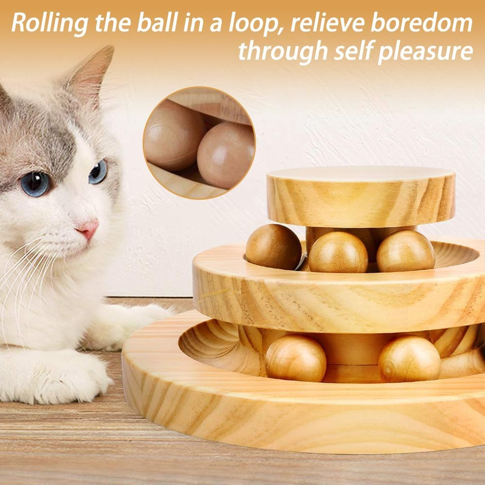Cat Ball Track, Cat Toy, Kitty Toys Roller, 2-Level Cat Ball Tower with 6 Removable Balls, Interactive Wooden Cat Toy for Kitten Physical Exercise image number 6