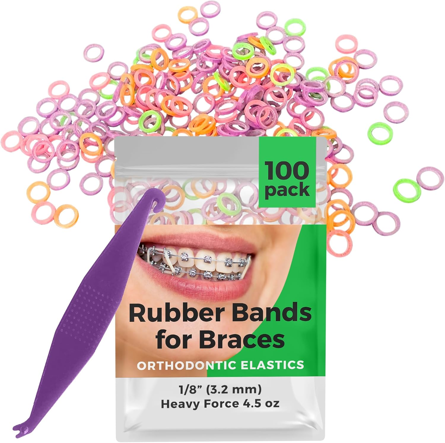Orthodontic Elastic Rubber Bands 1/8 Inch - 100 Pack, Neon, Heavy Force 4.5 Oz - Dental Gap Fixer, Dreadlock Bands, 1 Elastic Placer Included image number 2