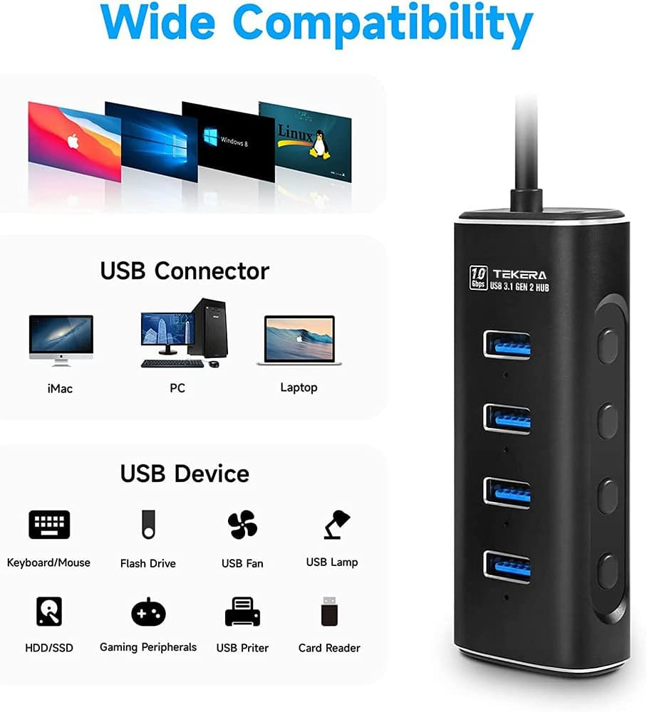 Powered USB C Hub, TEKERA USB 3.2/USB C Hub with 4 Port USB-A 3.2Ports, 10Gbps with Power Adapter, USB Port Expander for Laptop/Pc image number 5