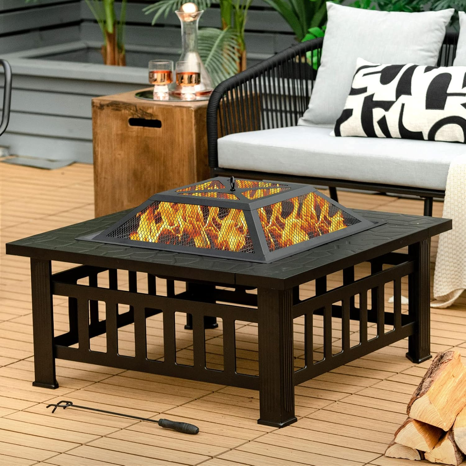 Costway 32&rdquo; 3-In-1 Fire Pit, Outdoor Kitchen Charcoal BBQ Table Grill, Square Stove Bonfire Wood Burning Fireplace W/Spark Screen Cover&Poker, Patio Garden Camping Heater Ice Bucket image number 4