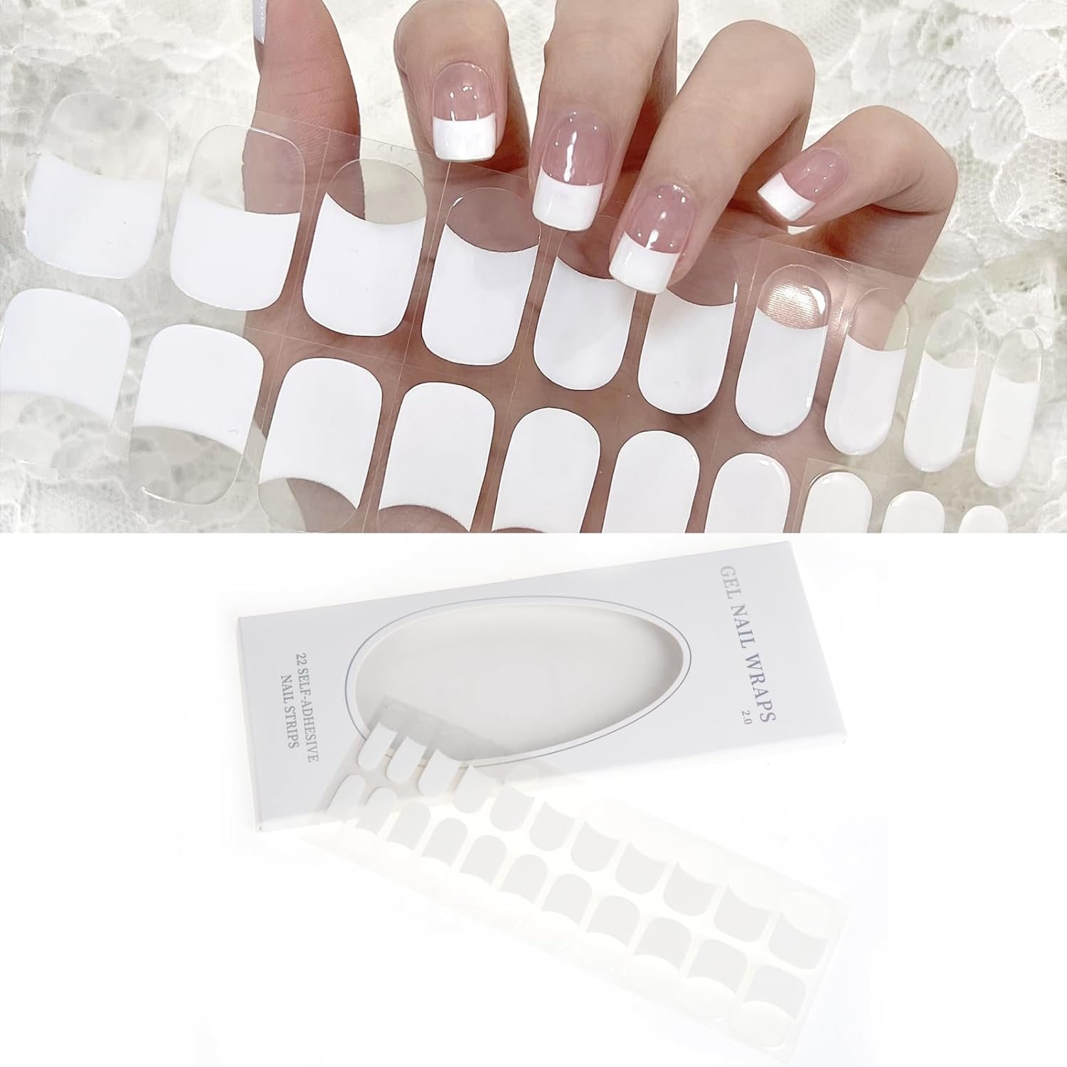 Wowled 22 Pcs Semi Cured Gel Nail Strips, Soft Self-Adhesive Full Gel Nail Wraps, UV Lamp Cured Nail Art Manicure Tool (White French)