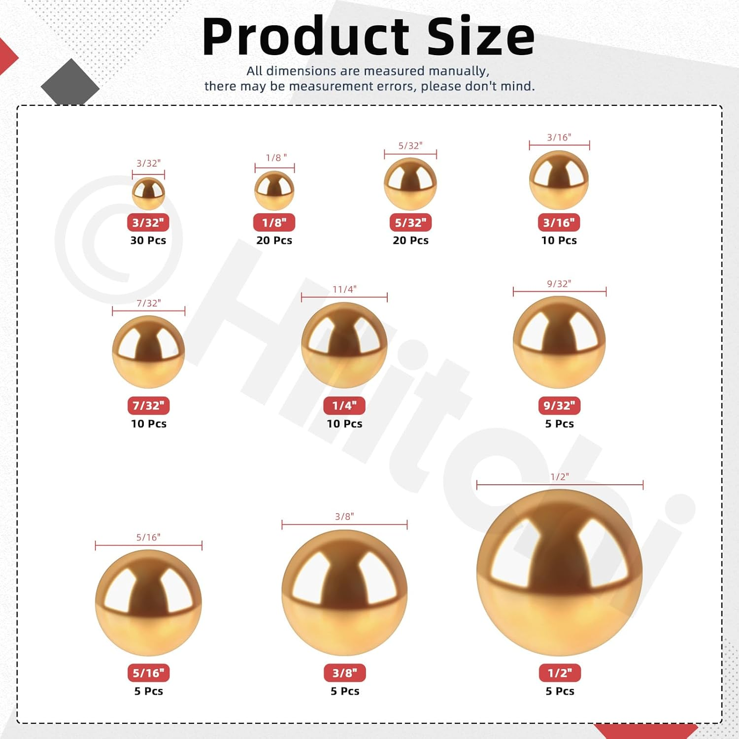 Hilitchi 120-Piece 10-Size Brass Bicycle Bearing Ball Assorted Set, SAE Precision Solid Bearing Balls, Industrial Brass Spheres for Mechanical Equipment & Automotive Applications