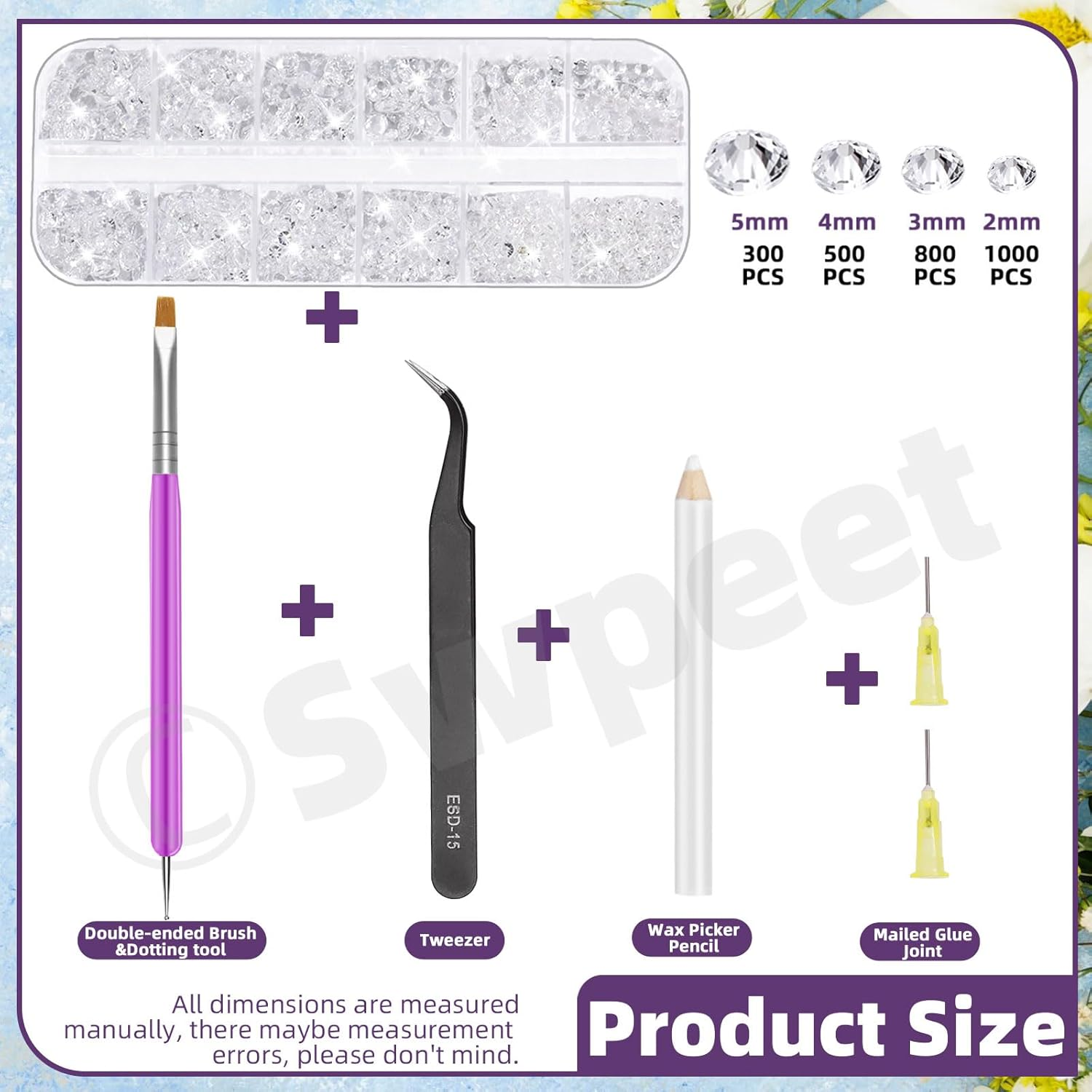 Swpeet 2606Pcs Jewelry Adhesive with 4 Mixed Sizes 2Mm 3Mm 4Mm 5Mm Clear Rhinestones Kit, Clear Flat Back Crystal round Glass Gems for DIY Clothes Fabric Shoes Jewelry Making Nail Art