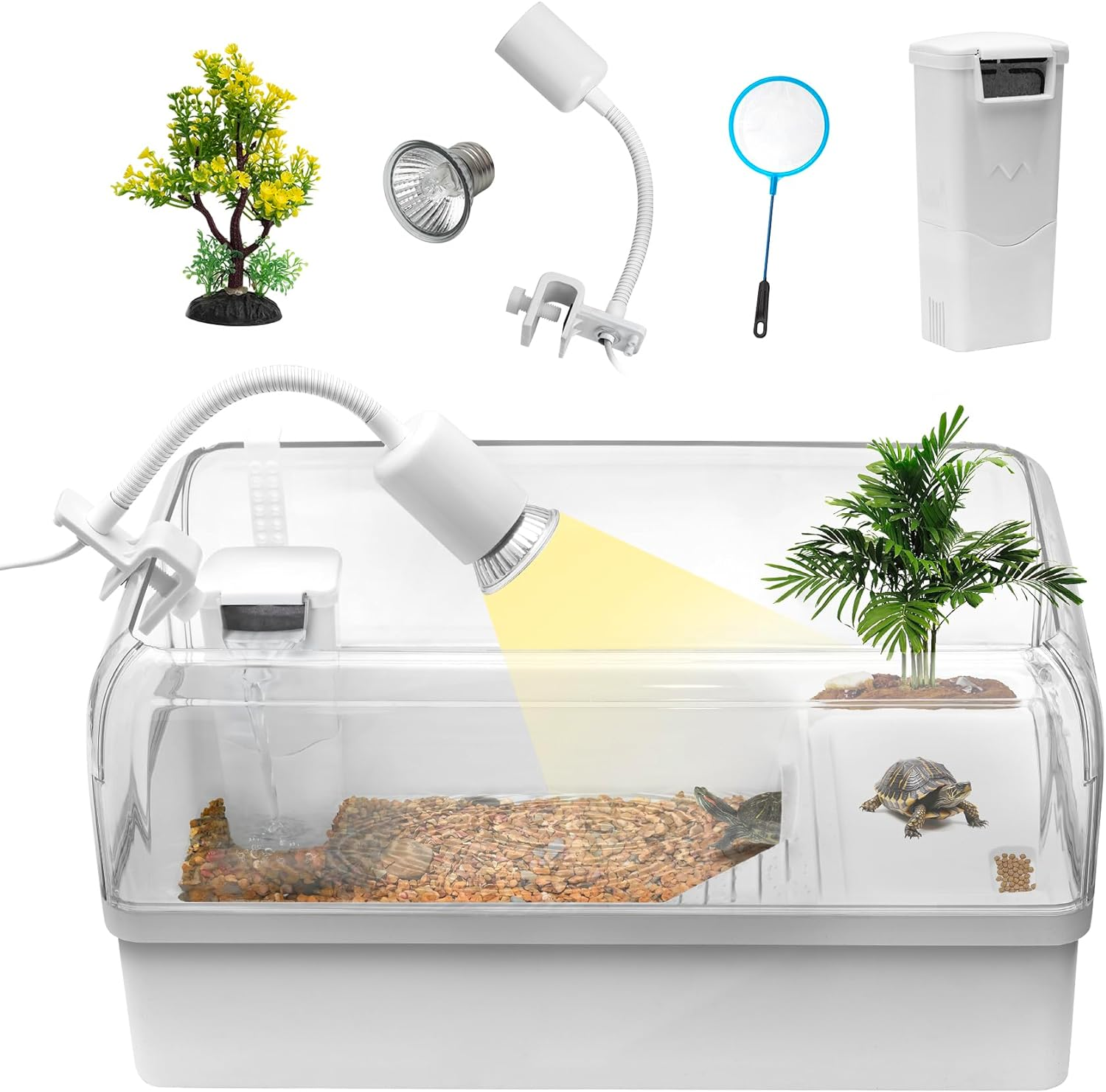 Turtle Tank Habitat Kit, Clioran Aquatic Tortoise Enclosure Starter Aquarium with Multi-Function Area, Hideout, UV Basking Platform Light, Water Filter, Fish Net,Drainage,Plant for Turtle Reptile Crab