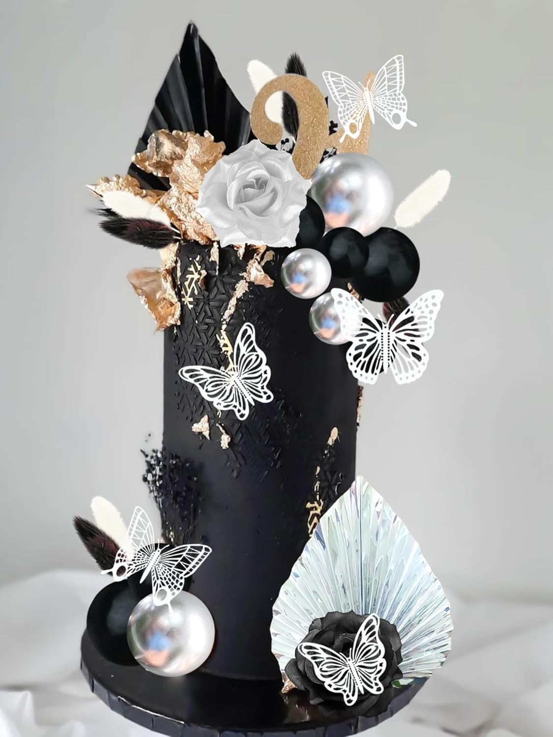 Jevenis Gothic Cake Decoration Black Rose Cake Topper Goth Butterfly Palm Leaves Punk Cake Decoration for Wedding Bridal Shower image number 1