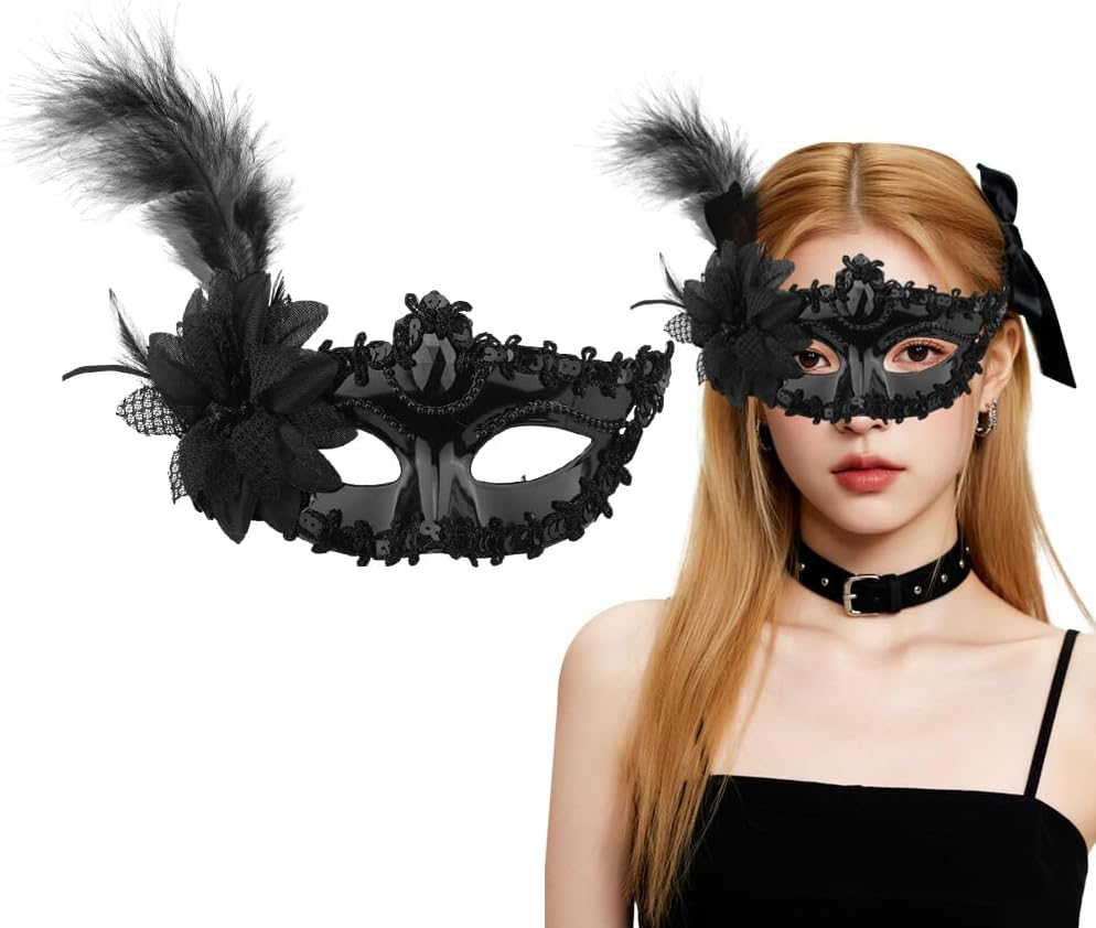 Feather Masquerade Masks for Women Rhinestone Flower Party Mask Black Costumes Lace Eye Mask for Carnivals Halloween Cosplay Masquerade Accesssories image number 1