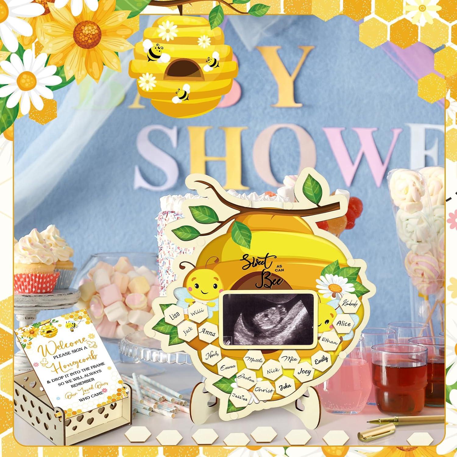 Wenqik 63 Pcs Bee Baby Shower Guest Book Alternatives Set Baby Shower Decorations with Photo Frame Sonogram Frame Keepsake 60 Wood Slices Guest Book for Birthday image number 6