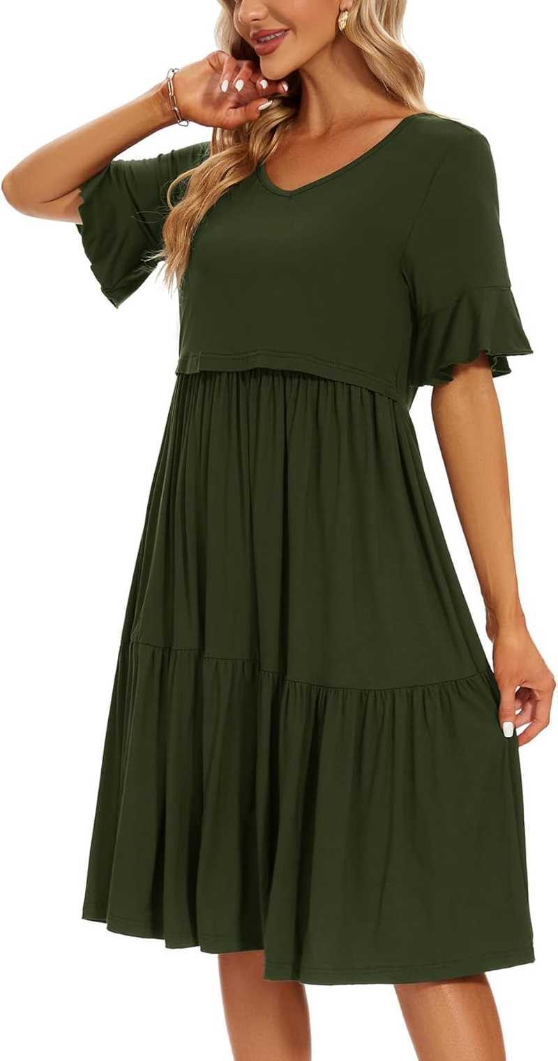 Smallshow Women'S Maternity Nursing Dress Ruffle Short Sleeve Breastfeeding Clothes