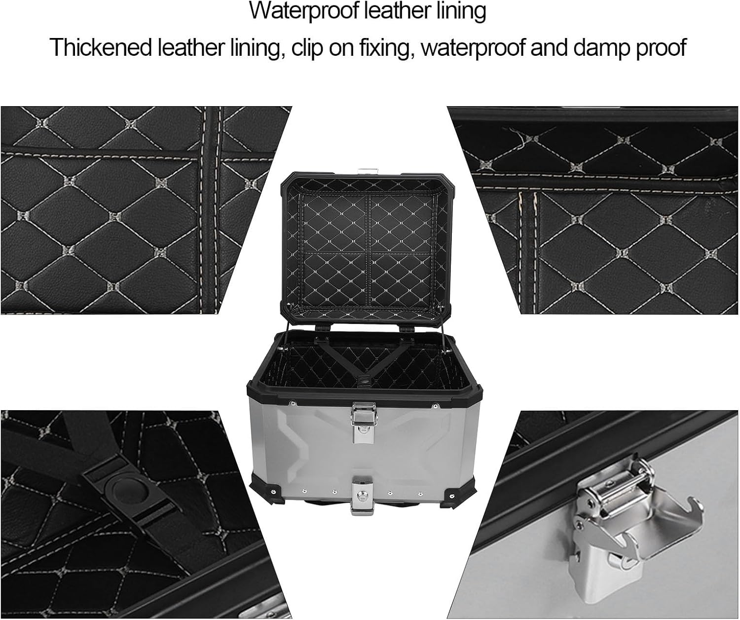 55L Motorcycle Top Case Tail Box, Water Proof Aluminum Alloy Quick Release Motorcycle Scooter Universal Storage Trunk with Safety Lock Reflective Sticker for Helmet Luggage (Silver) image number 6