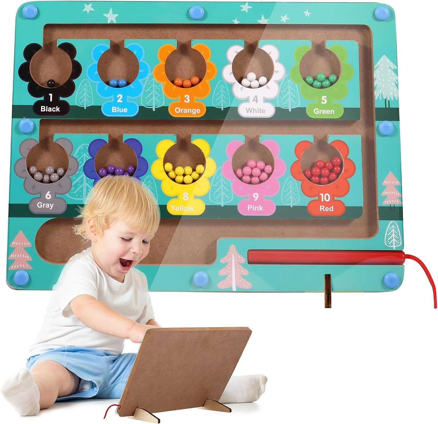 Magnetic Color and Number Maze，Montessori Wooden Magnet Board Puzzles Toddler Activities Counting Matching Games，Fine Motor Skills Preschool Learning Education Toys for Boys Girls (Flower)